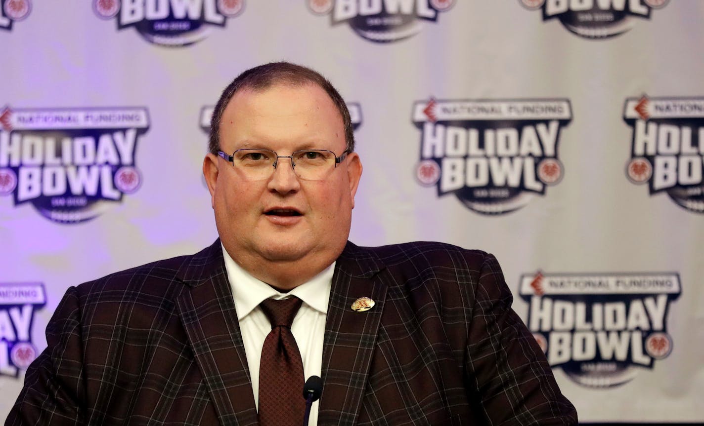 Gophers coach Tracy Claeys speaks during a news conference on Wednesday in San Diego for the upcoming Holiday Bowl. Minnesota faces Washington State on Dec. 27. The 10 Gophers players who were suspended this week following a fresh investigation into an alleged sexual assault at an off-campus apartment in September will not play.