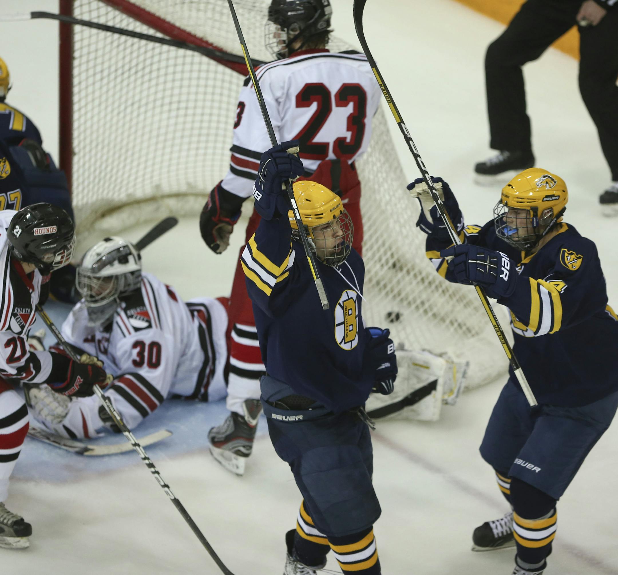 Breck and Duluth East high schools faced off in a Schwan Cup gold division hockey game Wednesday night, December 26, 2012 at Ridder Arena in Minneapolis, MInn. Breck's Mark Sharp celebrated stuffing the puck past Duluth East goaltender Dylan Parker in the second period Wednesday night. At right was Breck's David Husband, who earned the lone assist on the goal. ] JEFF WHEELER ‚Ä¢ jeff.wheeler@startribune.com ORG XMIT: MIN1212261834440655
