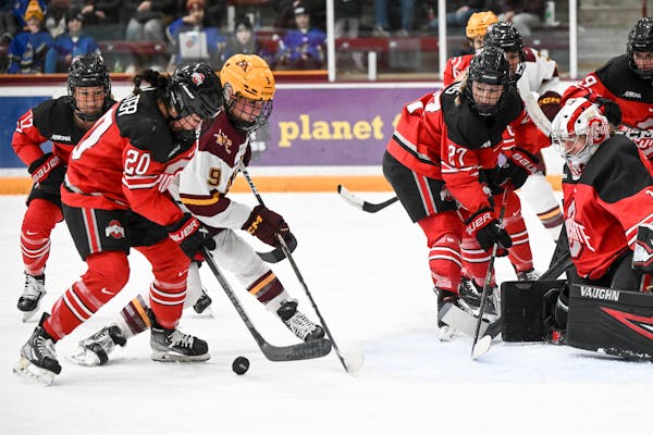 Gophers forward Taylor Heise (5) is tied for first nationally with 25 goals.