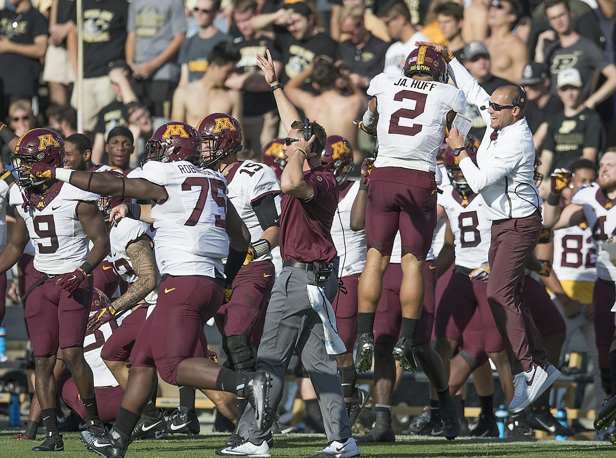 P. J. Fleck celebrated a fumble return with the defense during the second quarter the Gophers took on Purdue at Ross-Ade Stadium, Saturday, October 7, 2017 in West Lafayette, IN.