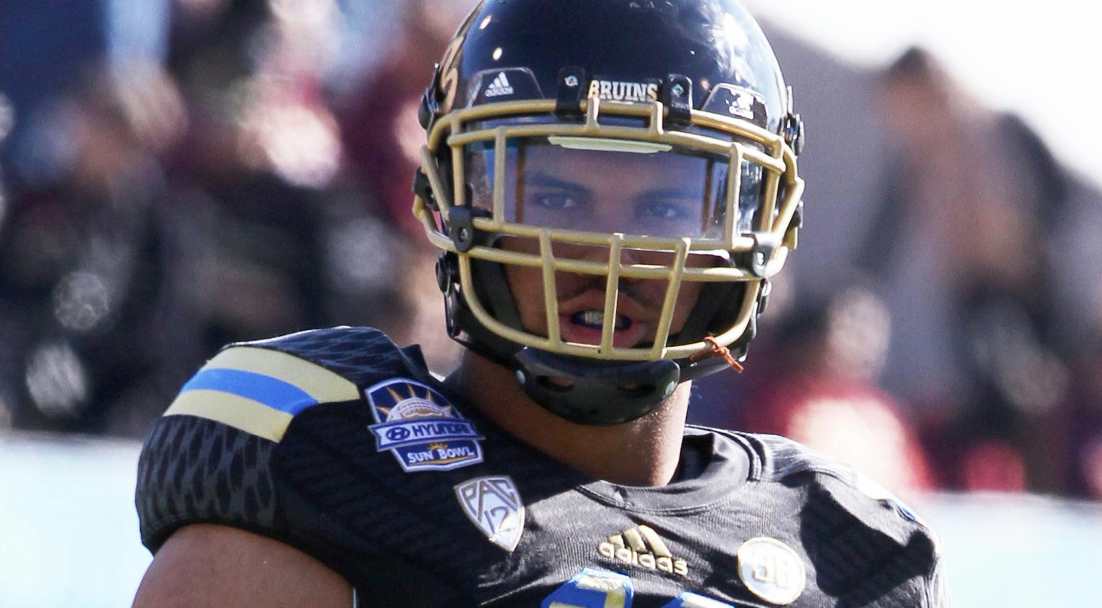 UCLA linebacker Anthony Barr lines up against Virginia Tech during the Sun Bowl NCAA college football game on Tuesday Dec. 31, 2013. (AP Photo/Victor Calzada) ORG XMIT: NYOTK