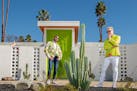 Artist Josh Agle (aka Shag) on right, and Brandon McBurney outside McBurney's home in Palm Springs, Calif. 