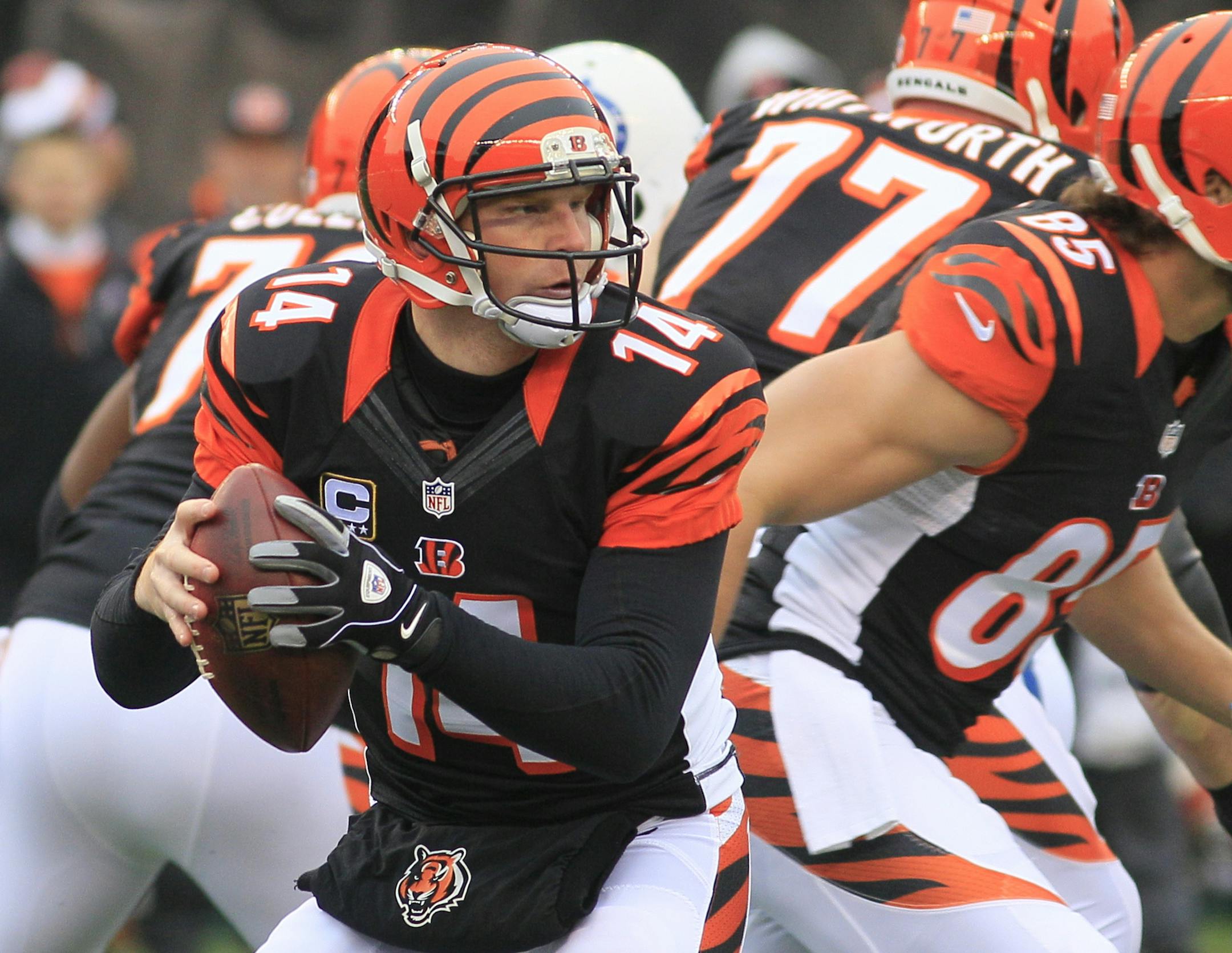 Cincinnati Bengals quarterback Andy Dalton (14) looks to pass against the Indianapolis Colts in the first half of an NFL football game, Sunday, Dec. 8, 2013, in Cincinnati. (AP Photo/Tom Uhlman) ORG XMIT: NYOTK
