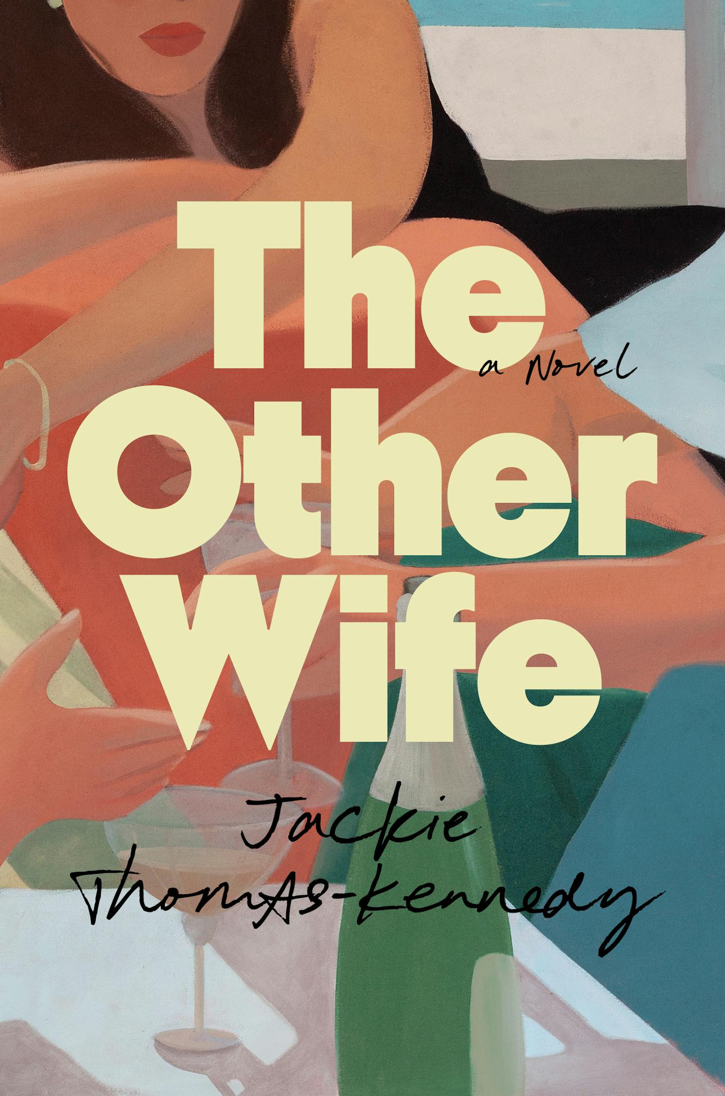 cover of The Other Wife is a blocky painting of two woman, a bottle of wine and a coupe wine glass