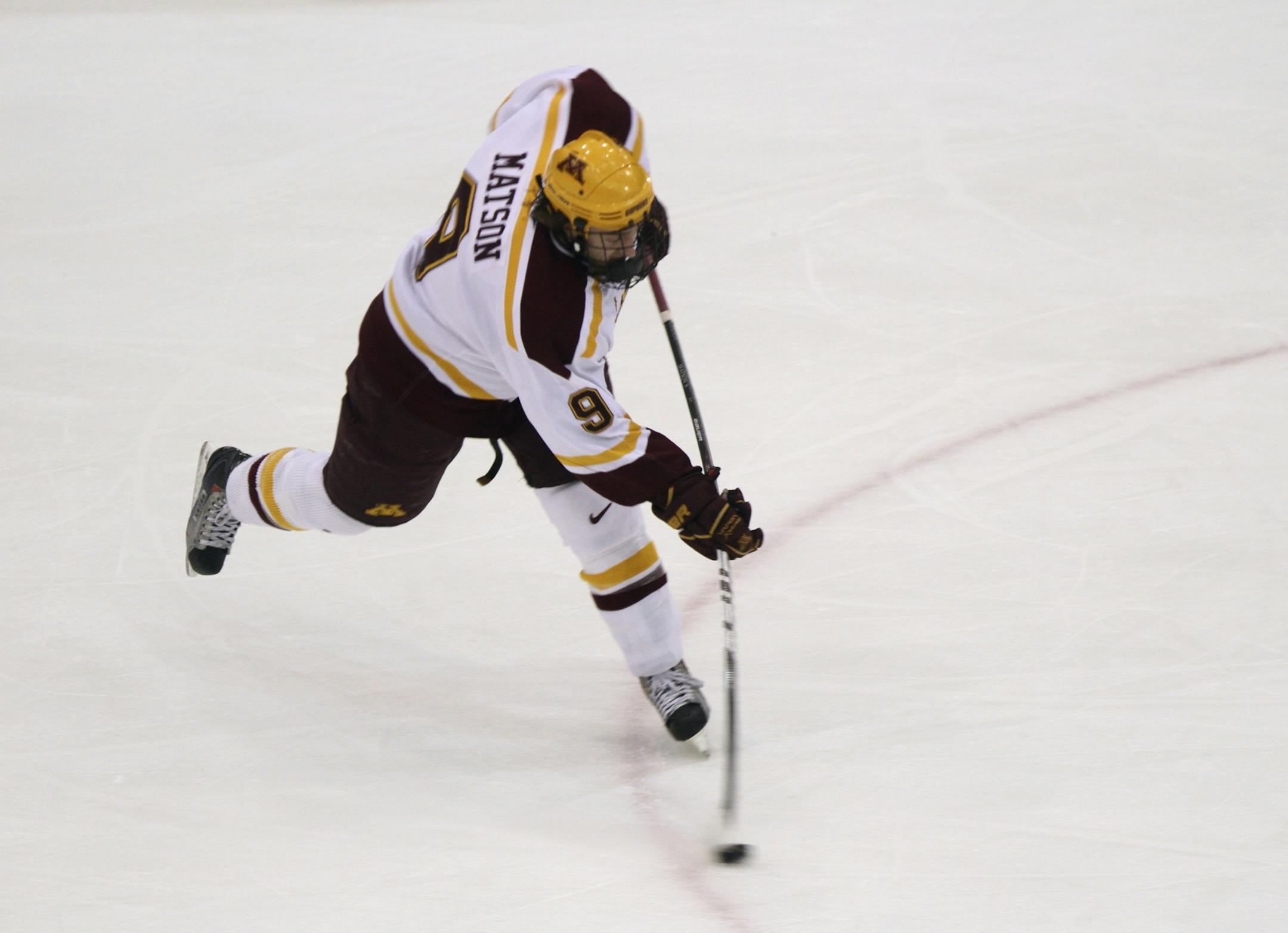 Gopher'sTaylor Matson made a slap shot during the first period at Mariucci Arena in Minneapolis, Min., Friday, December 2, 2011.