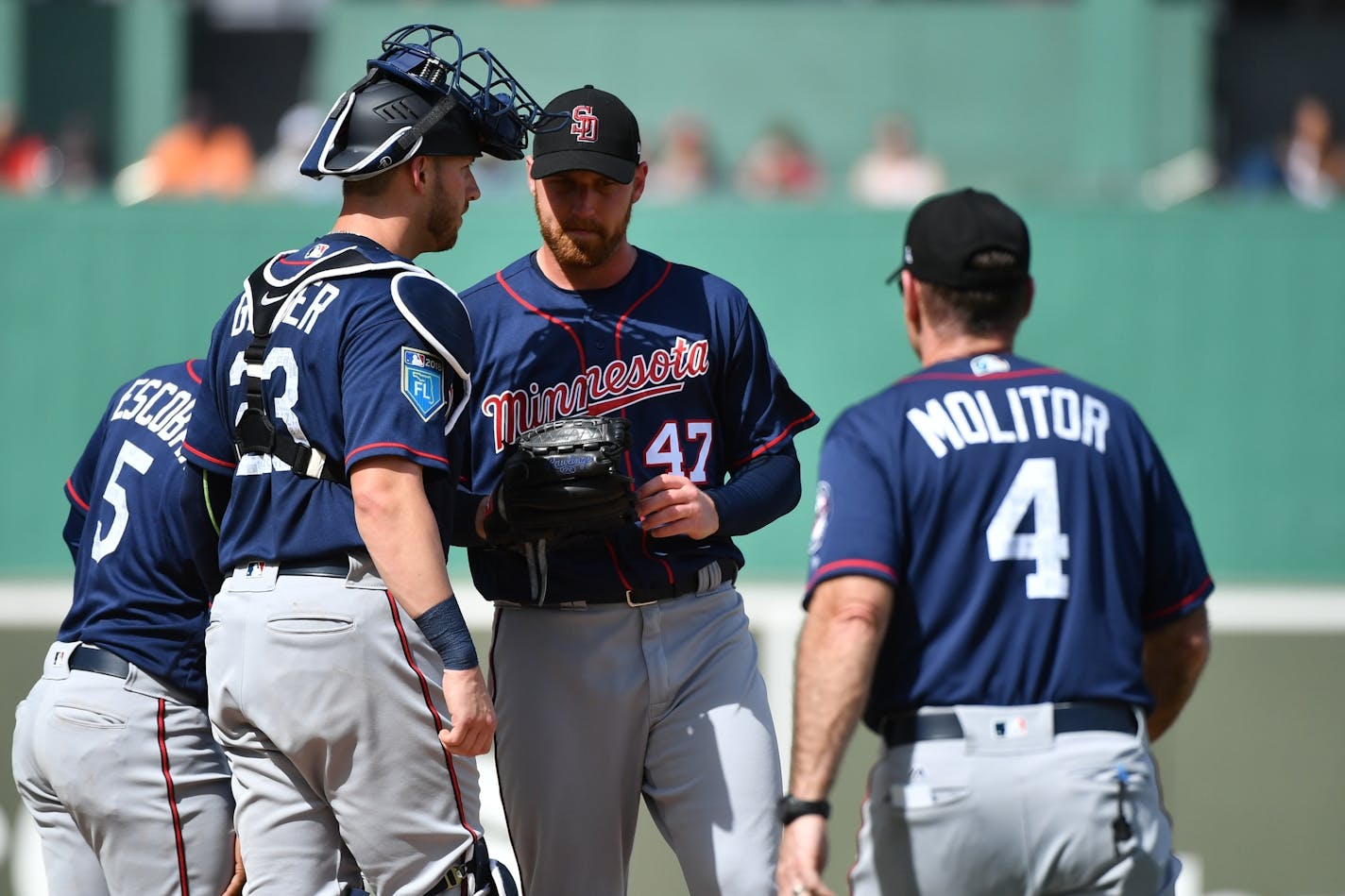 Twins manager Paul Molitor (4) pulled Twins pitcher Dietrich Enns (47) after the Red Sox scored two runs in the fourth inning.