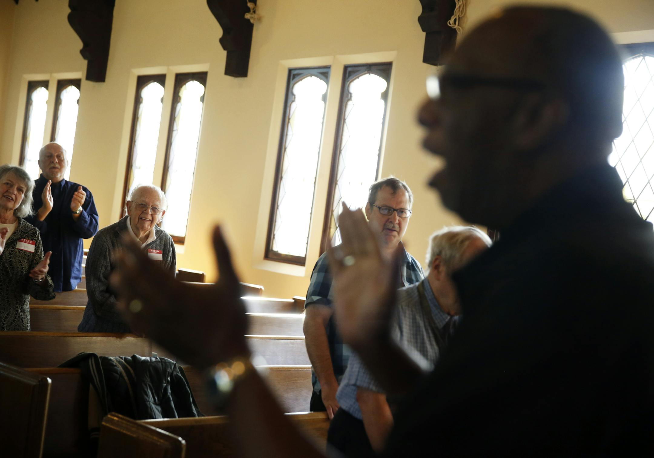 At Clark Memorial Church in South St. Paul, the Rev. Oliver White, the St. Paul pastor who lost most of his congregation at Grace Community Church after he came out in favor of gay marriage, encouraged the congregation to sing.]richard tsong-taatarii/rtsong-taataarii@startribune.com ORG XMIT: MIN1309221618101793