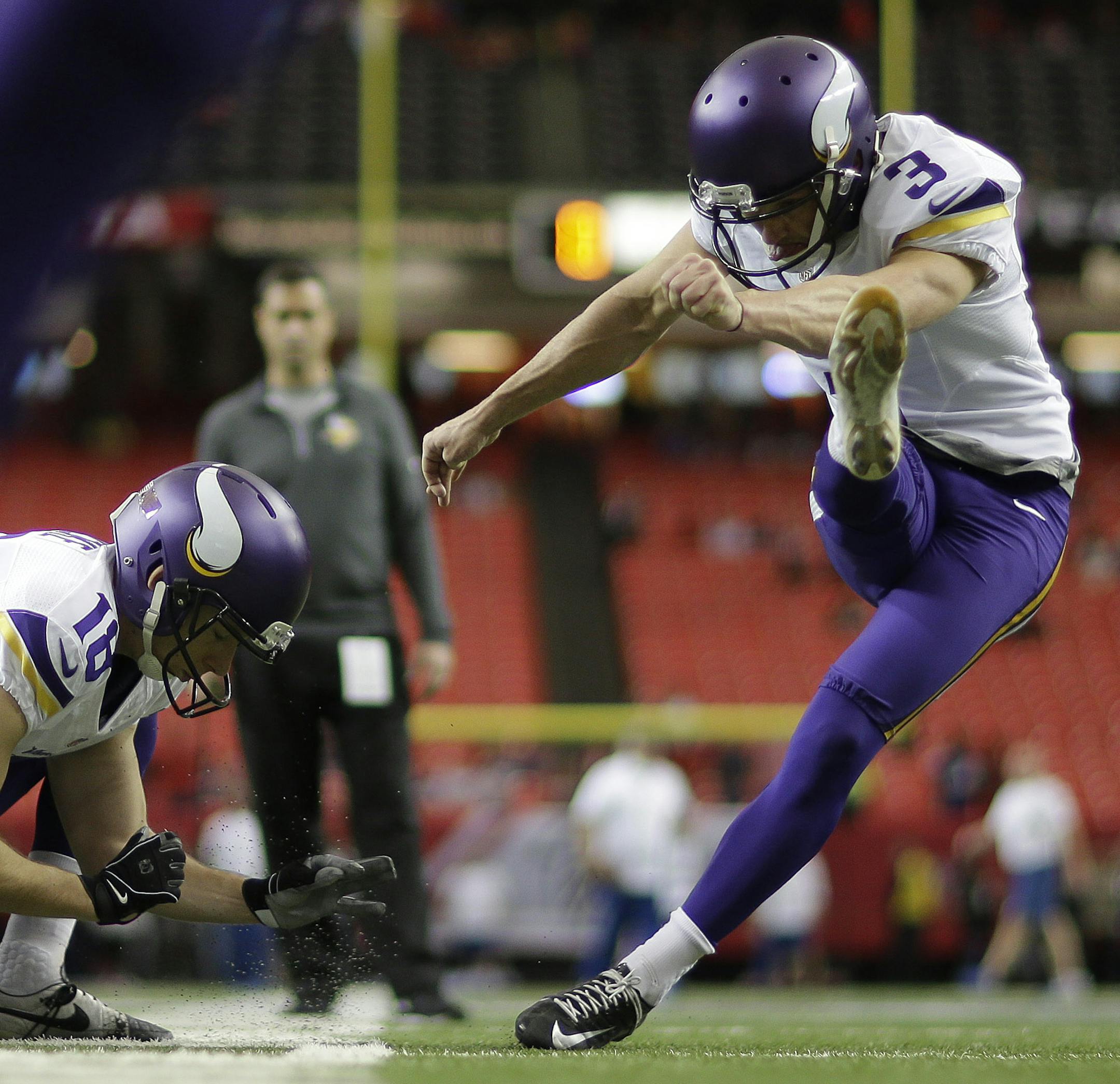 Minnesota Vikings kicker Blair Walsh (3) warms up before the first half of an NFL football game between the Atlanta Falcons and the Minnesota Vikings, Sunday, Nov. 29, 2015, in Atlanta. (AP Photo/David Goldman) ORG XMIT: MIN2015121519240263