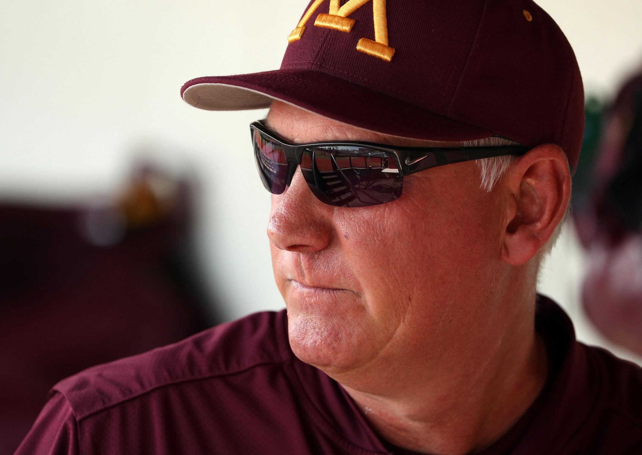 Gophers baseball head coach John Anderson watched the start of practice from the dugout Thursday. ] ANTHONY SOUFFLE ï anthony.souffle@startribune.com Gophers baseball team held practice Thursday, May 31, 2018 at Siebert Field in Minneapolis.