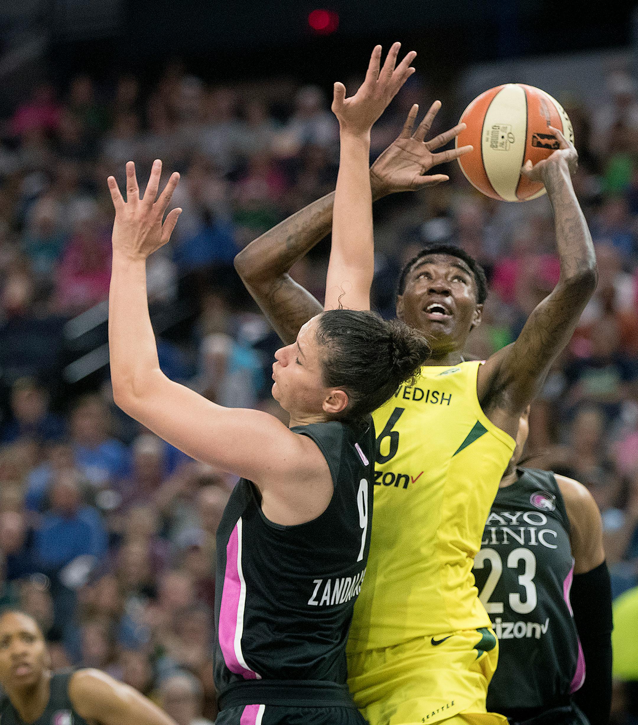 Seattle Storm forward Natasha Howard drew a foul from Lynx forward Cecilia Zandalasini during the first quarter.