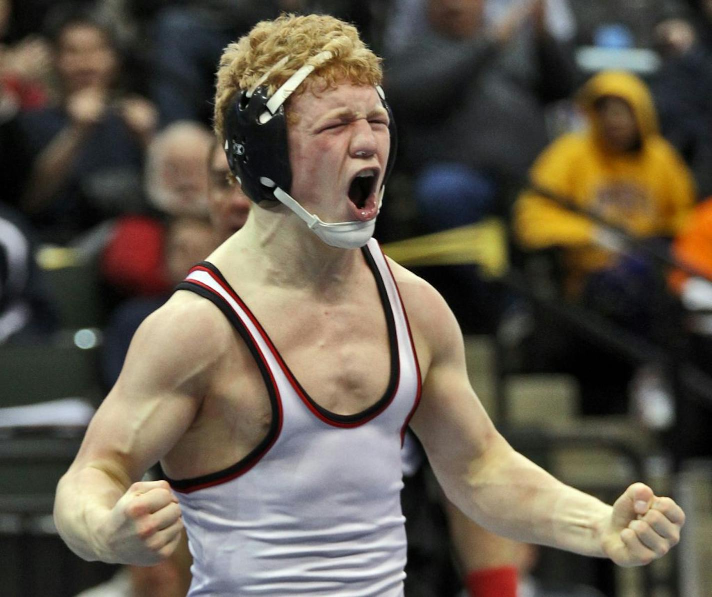 Sam Brancale of Eden Prairie reacted to his victory over Mitch Bengtson of St. Cloud Apollo.