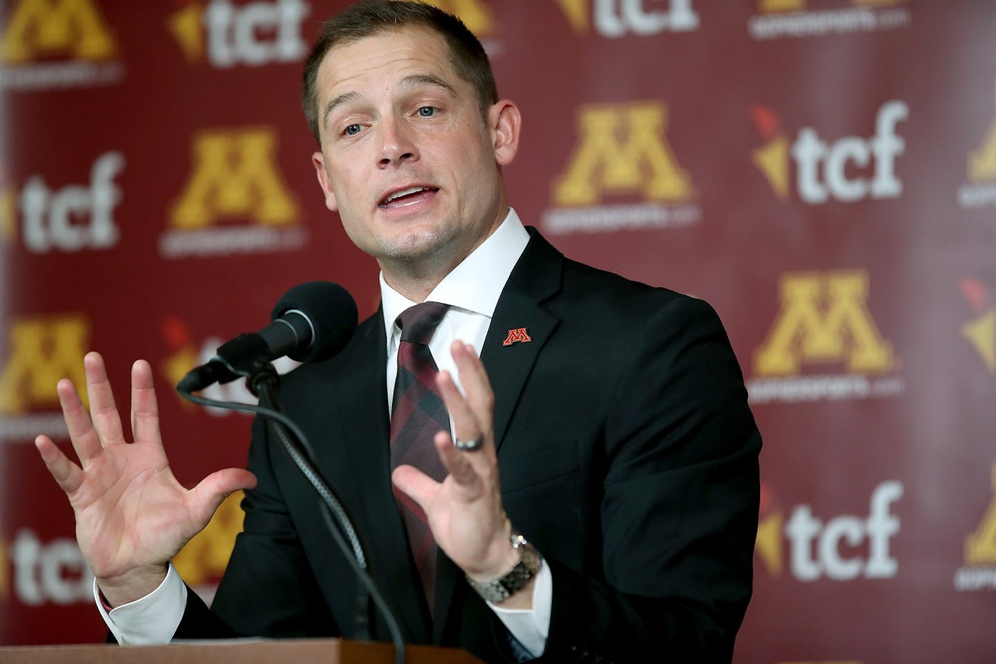 Minnesota's Head Coach P.J. Fleck addressed the media regarding his recruits during National Signing Day, at TCF Bank Stadium, Wednesday, February 1, 2017 in Minneapolis, MN.