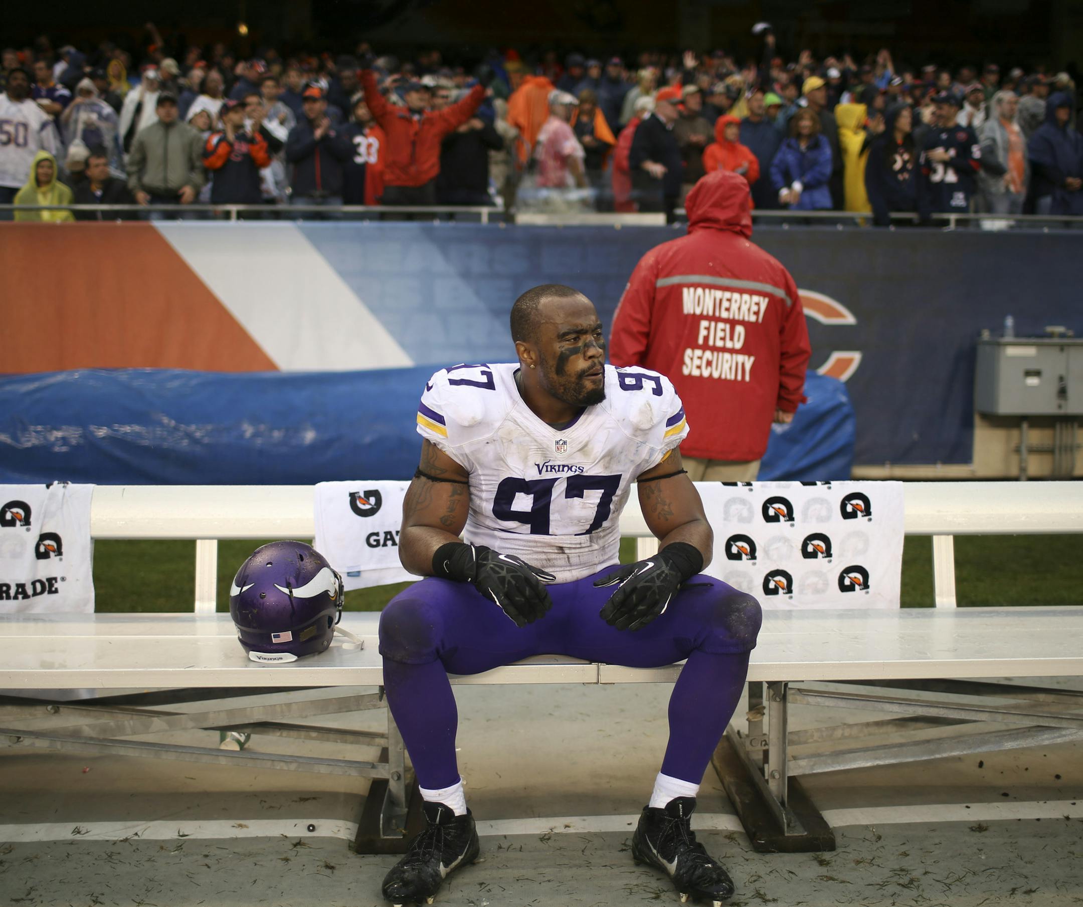 Defensive end Everson Griffen sat alone on the bench for the final play of the game after the Vikings lost 31-30 to the Chicago Bears on Sunday at Soldier Field.