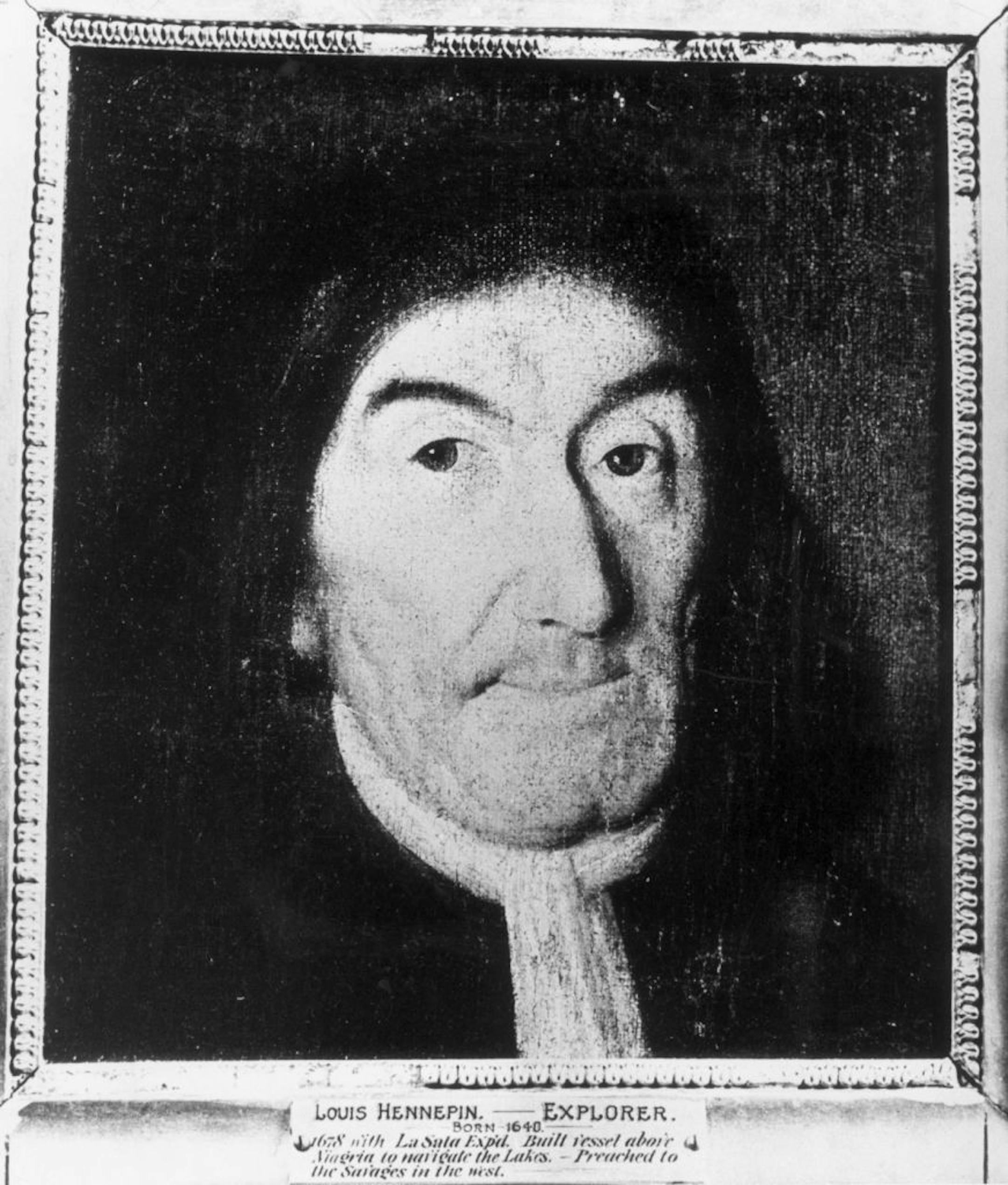 This is a painting of Father Louis Hennepin. He was an explorer of the Minnesota Territory in the late 1600s, the first white person to see St. Anthony Falls, which he named in 1680.