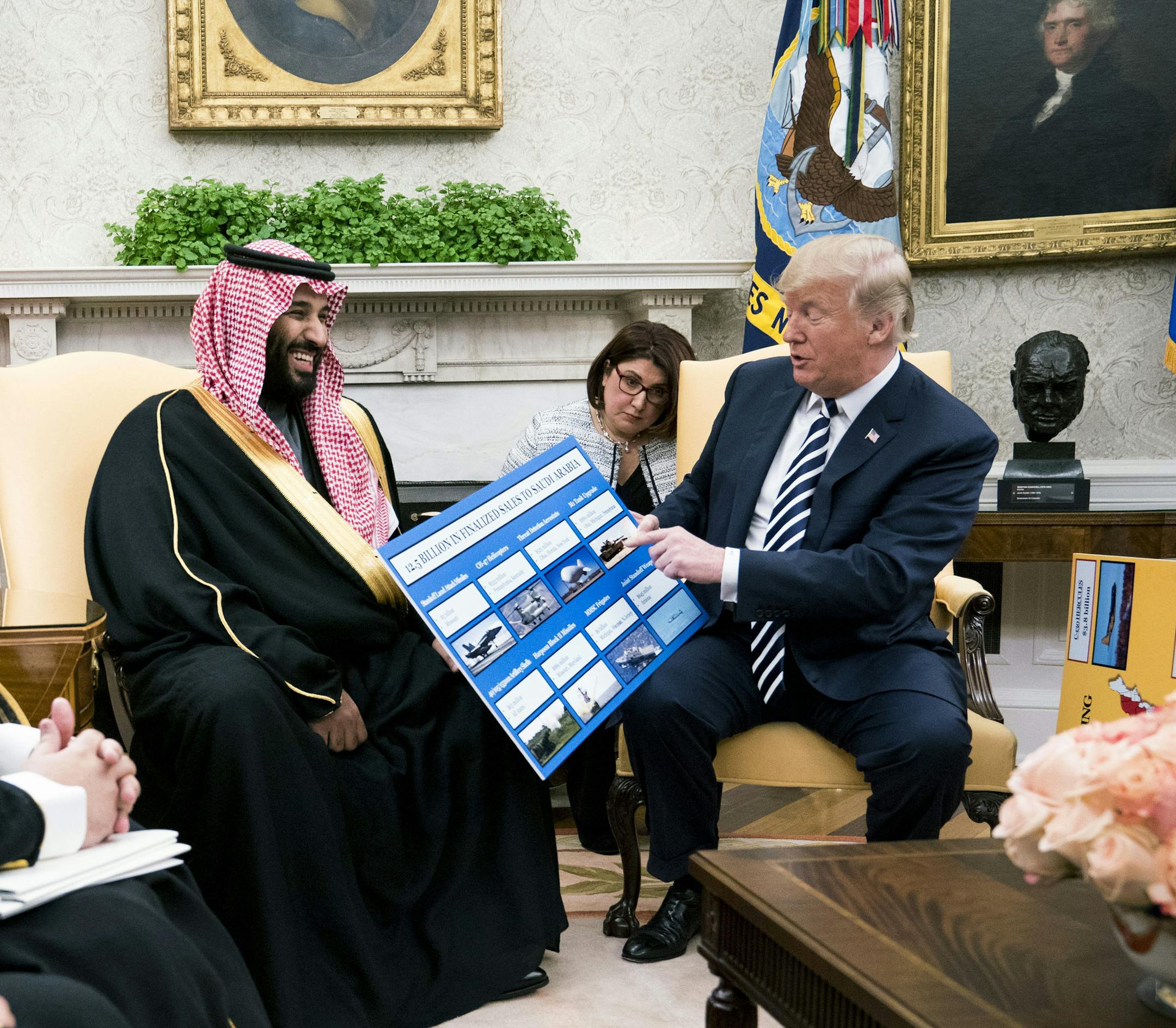 FILE — President Donald Trump discusses weapon sales with the Saudi crown prince, Mohammad bin Salman, at the White House on March 20, 2018. Tucked into the administration’s emergency order to sell arms to Saudi Arabia is approval for Raytheon to build key components of precision-guided bombs with Saudi partners. (Doug Mills/The New York Times)