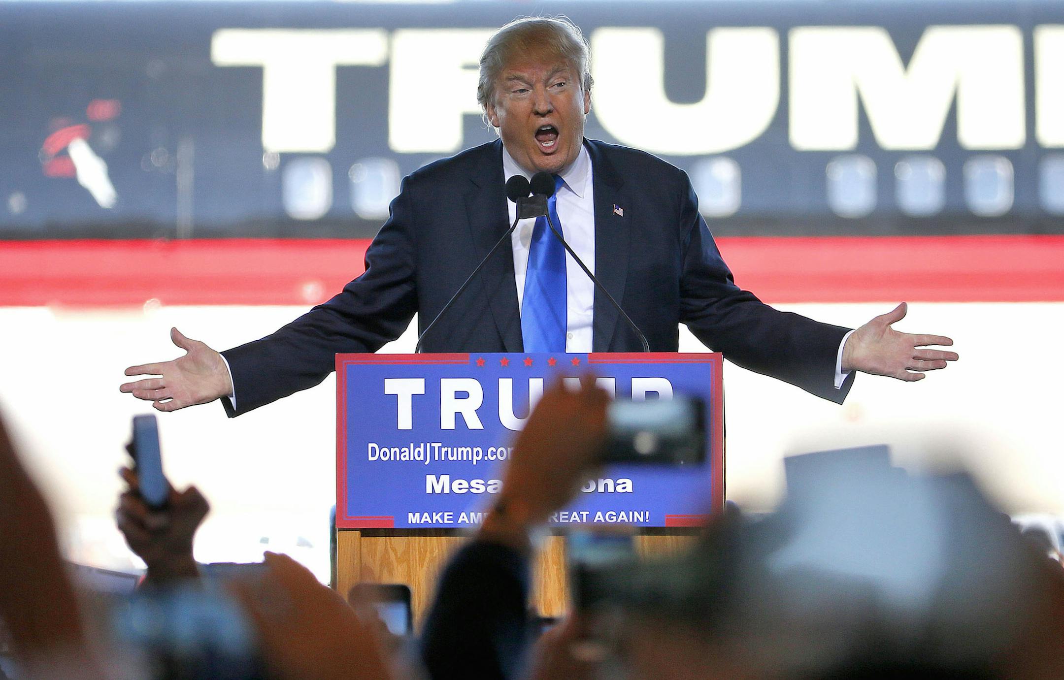 Republican presidential candidate Donald Trump speaks at a campaign rally, Wednesday, Dec. 16, 2015, in Mesa, Ariz. (AP Photo/Matt York) ORG XMIT: MIN2015121716264844