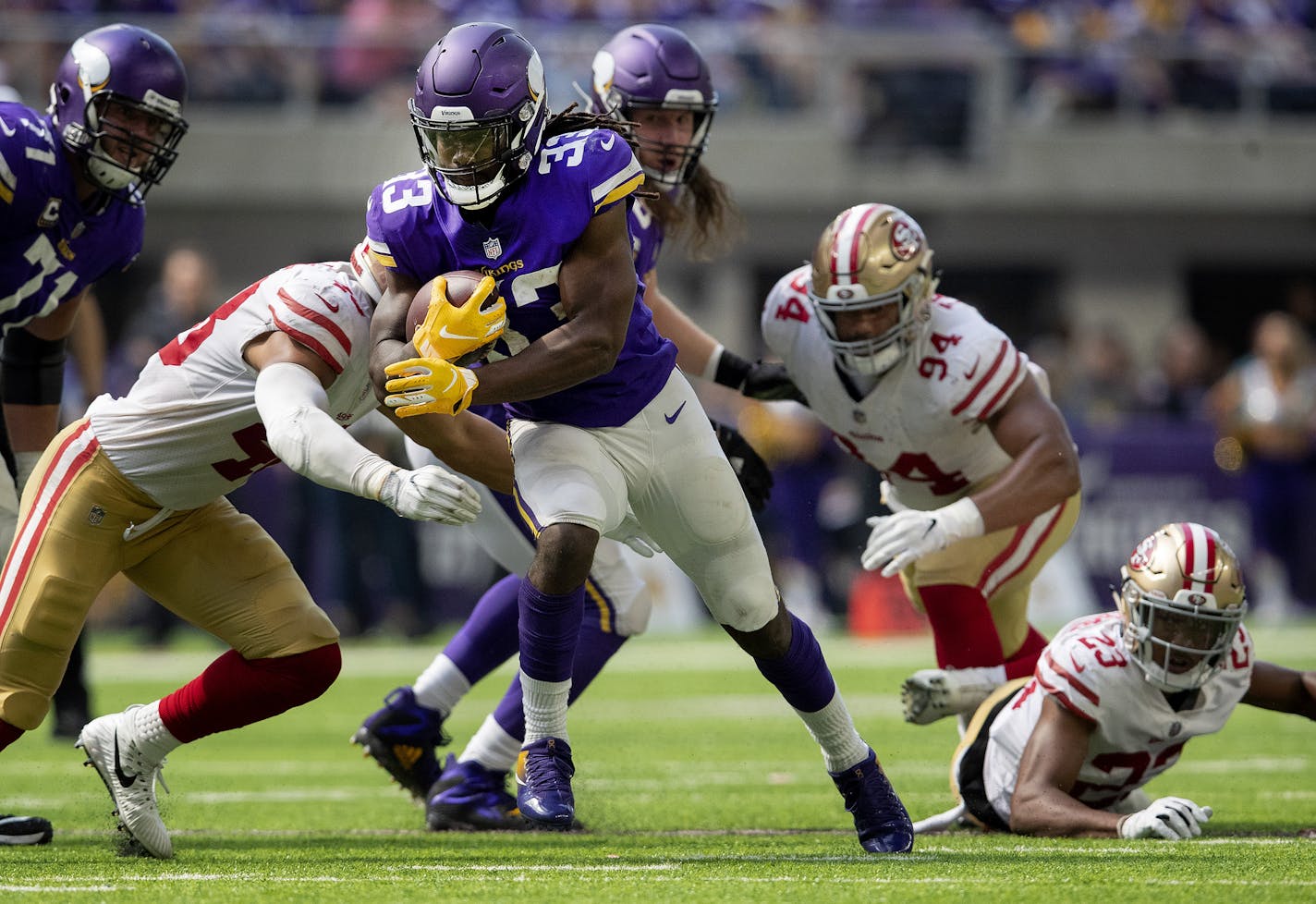 Vikings running back Dalvin Cook finished with 95 yards of total offense against the 49ers in his first game back since undergoing ACL surgery.