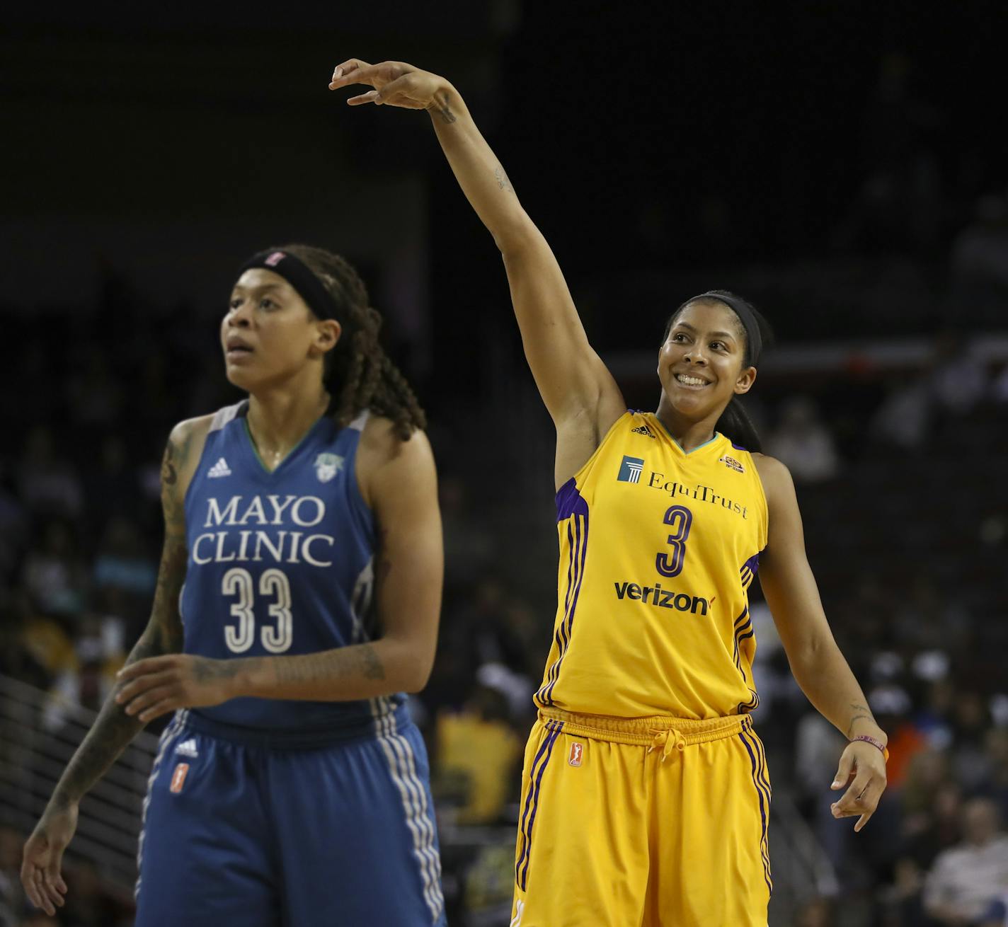 Los Angeles Sparks forward Candace Parker (3), who finished with a game-high 24 points, smiled as she watched a fourth quarter shot drop. Minnesota Lynx guard Seimone Augustus (33) was in the foreground. ] JEFF WHEELER &#xef; jeff.wheeler@startribune.com The Minnesota Lynx lost to the Los Angeles Sparks 92-75 in Game 3 of their WNBA Finals series Friday night, October 14, 2016 at the Galen Center in Los Angeles.