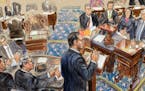 This artist sketch depicts impeachment manager Rep. Adam Schiff, D-Calif., presenting an argument in the impeachment trial of President Donald Trump o