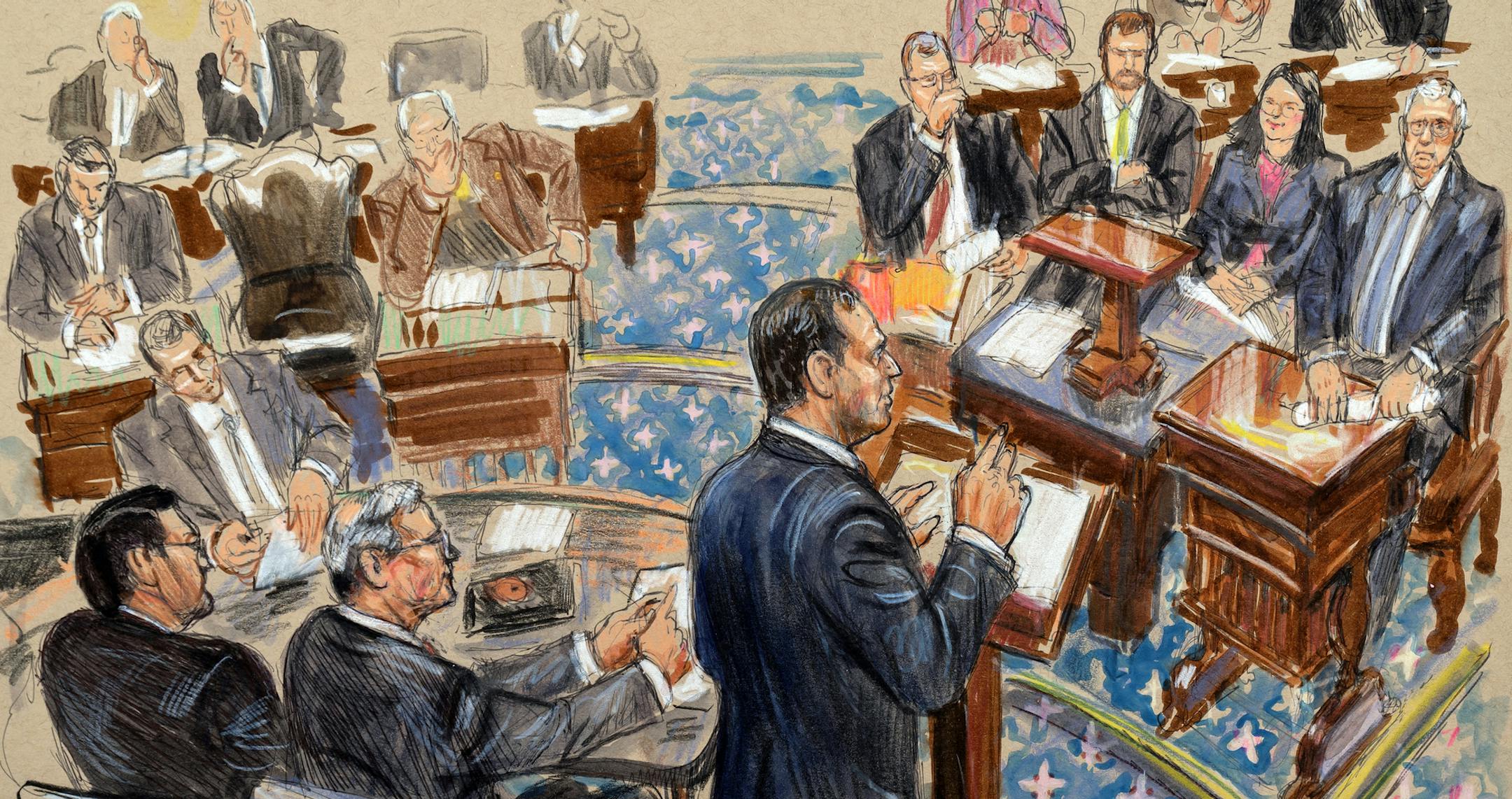 This artist sketch depicts impeachment manager Rep. Adam Schiff, D-Calif., presenting an argument in the impeachment trial of President Donald Trump on charges of abuse of power and obstruction of Congress, Wednesday, Jan. 22, 2020, in the Senate chamber at the Capitol in Washington. At right is Senate Majority Leader Mitch McConnell, R-Ky. (Dana Verkouteren via AP)