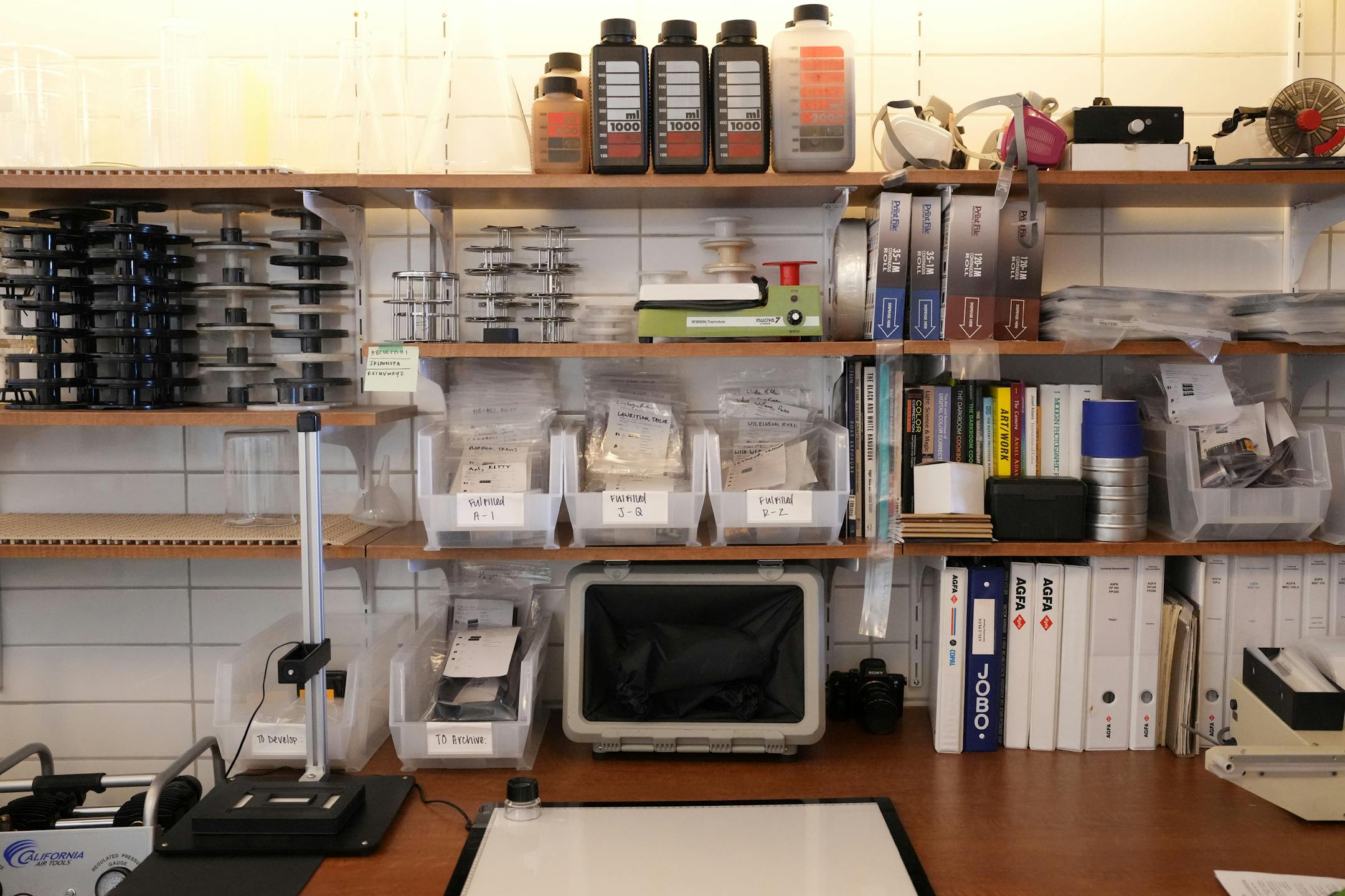Equipment sits out in the working darkroom at Disco Death Records.
