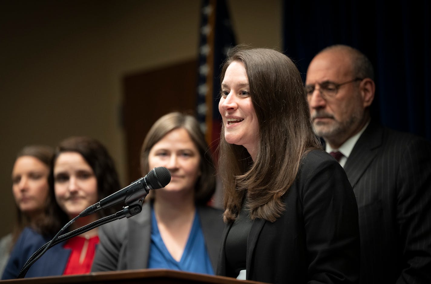 Assistant U.S. Attorney Melinda Williams speaks at a press conference after the conviction of Anton Lazzaro for conspiring to recruit and pay 15- and 16-year-old girls for sex at the Federal Courthouse in Minneapolis, Minn., on Friday, March 31, 2023. ] RENEE JONES SCHNEIDER • renee.jones@startribune.com