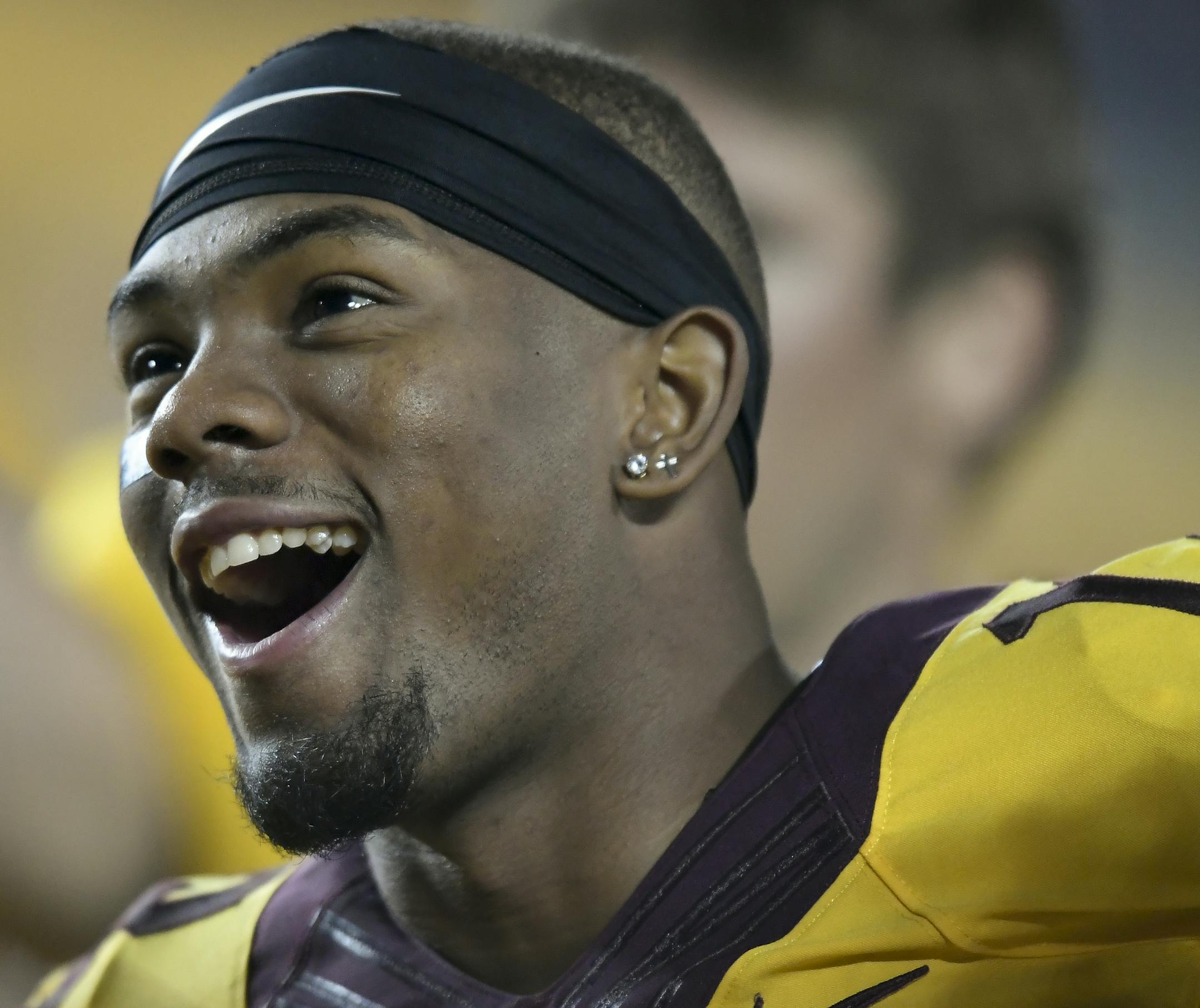 Minnesota Gophers wide receiver Rashod Bateman (13) joked with teammates following their team's 28-21 win over the South Dakota State Jackrabbits Thursday night. ] Aaron Lavinsky • aaron.lavinsky@startribune.com The Minnesota Gophers played South Dakota State Jackrabbits on Thursday, Aug. 29, 2019 at TCF Bank Stadium in Minneapolis, Minn.