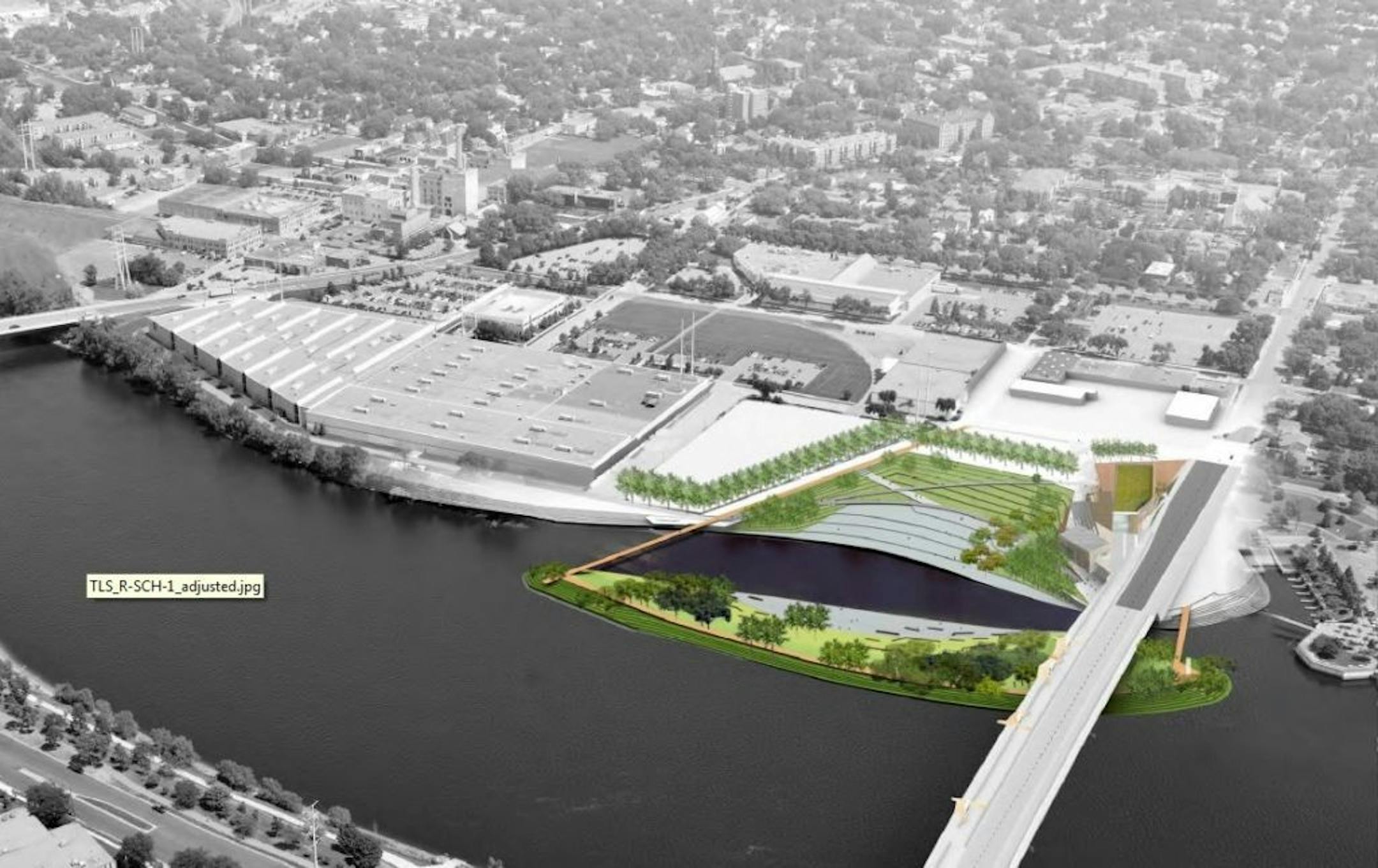 This photo illustration shows the site of a planned future park on the Scherer site next to the Mississippi River in Minneapolis. The portion that potentially could be developed by Graco Minnesota Inc. is the trapezoidal section in the upper left of the park property. The Plymouth Avenue Bridge is in the foreground, and Graco's exisitng site is to the left and behind the park site.