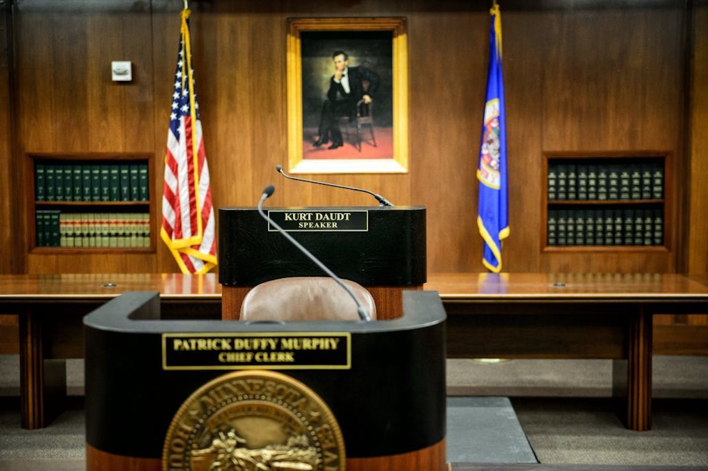 A hearing room, complete with a copy of the Lincoln painting, is set up to be a temporary house chamber in the State Office Building for when the governor calls a special session.
