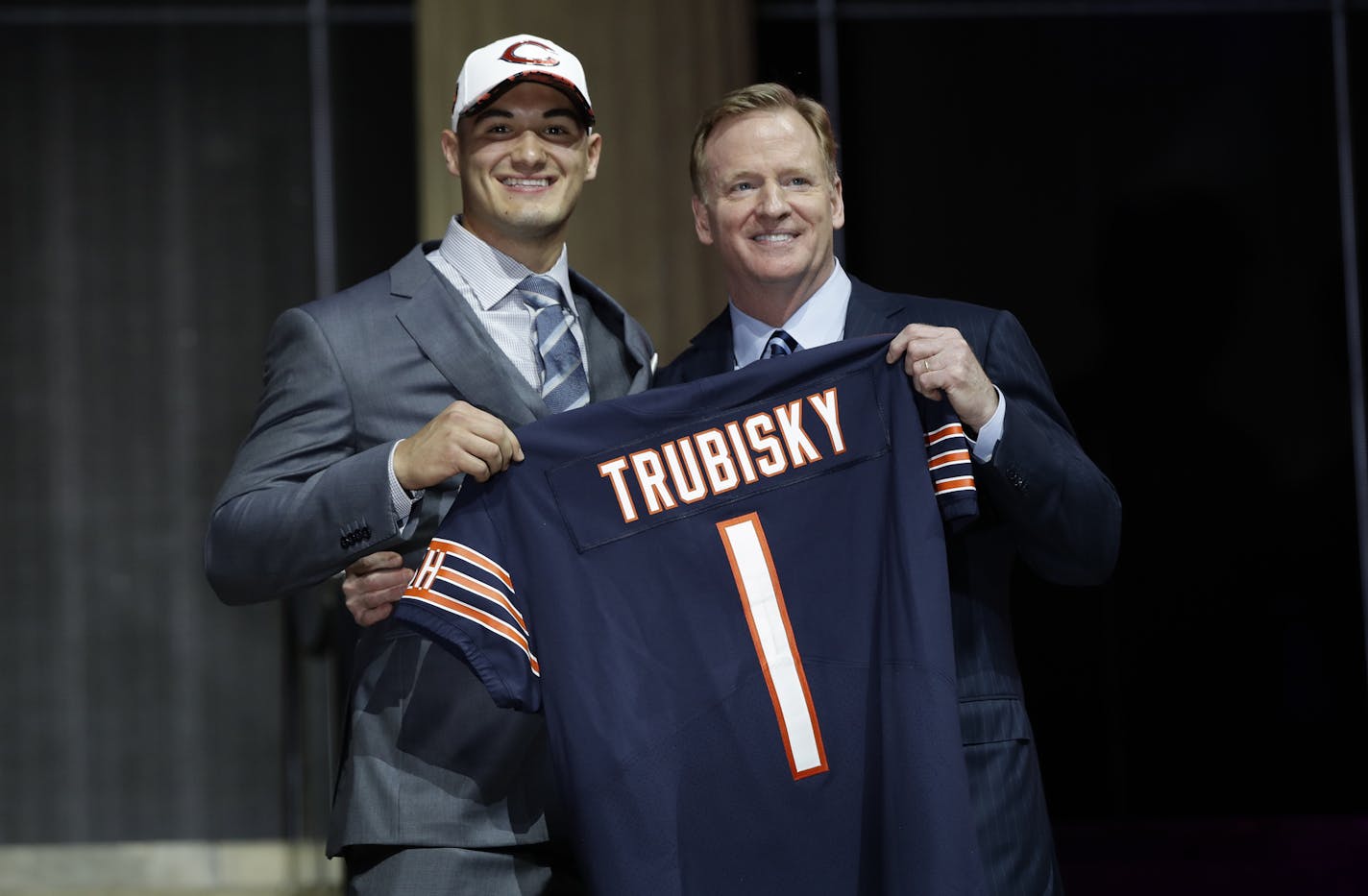 North Carolina's Mitch Trubisky, left, poses with NFL commissioner Roger Goodell after being selected by the Chicago Bears during the first round of the 2017 NFL football draft, Thursday, April 27, 2017, in Philadelphia. (AP Photo/Matt Rourke)