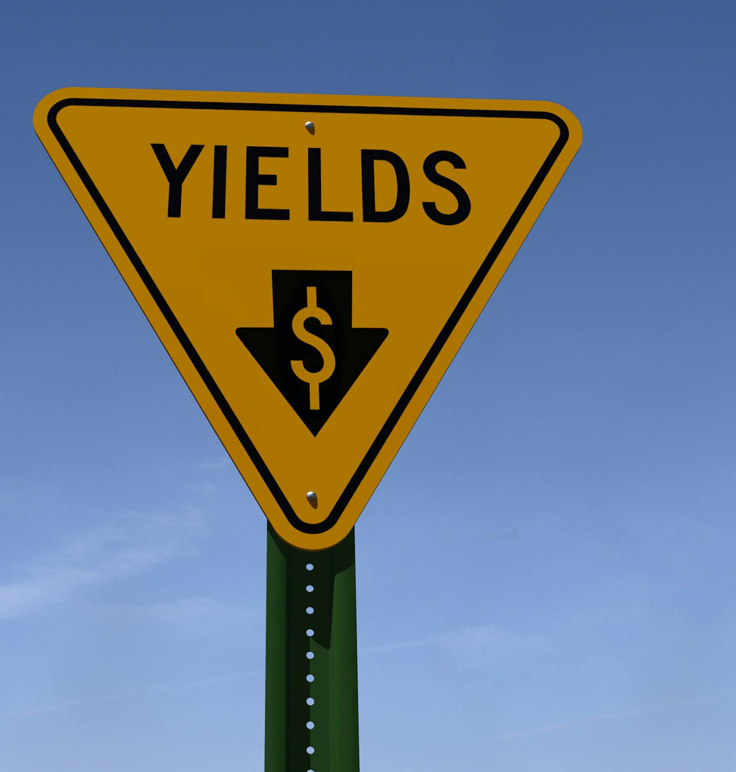 A 3D rendering of a "yields" sign along the themes of money. This is a visual pun on the word "yield," meaning to give way, or give up, or to relinquish something, and "yield" as in earnings, payments, profits, interest, dividends, etc. A downward pointing arrow with a U.S. dollar sign inside it suggesting the time or situation is unfavorable with less than desirable results.