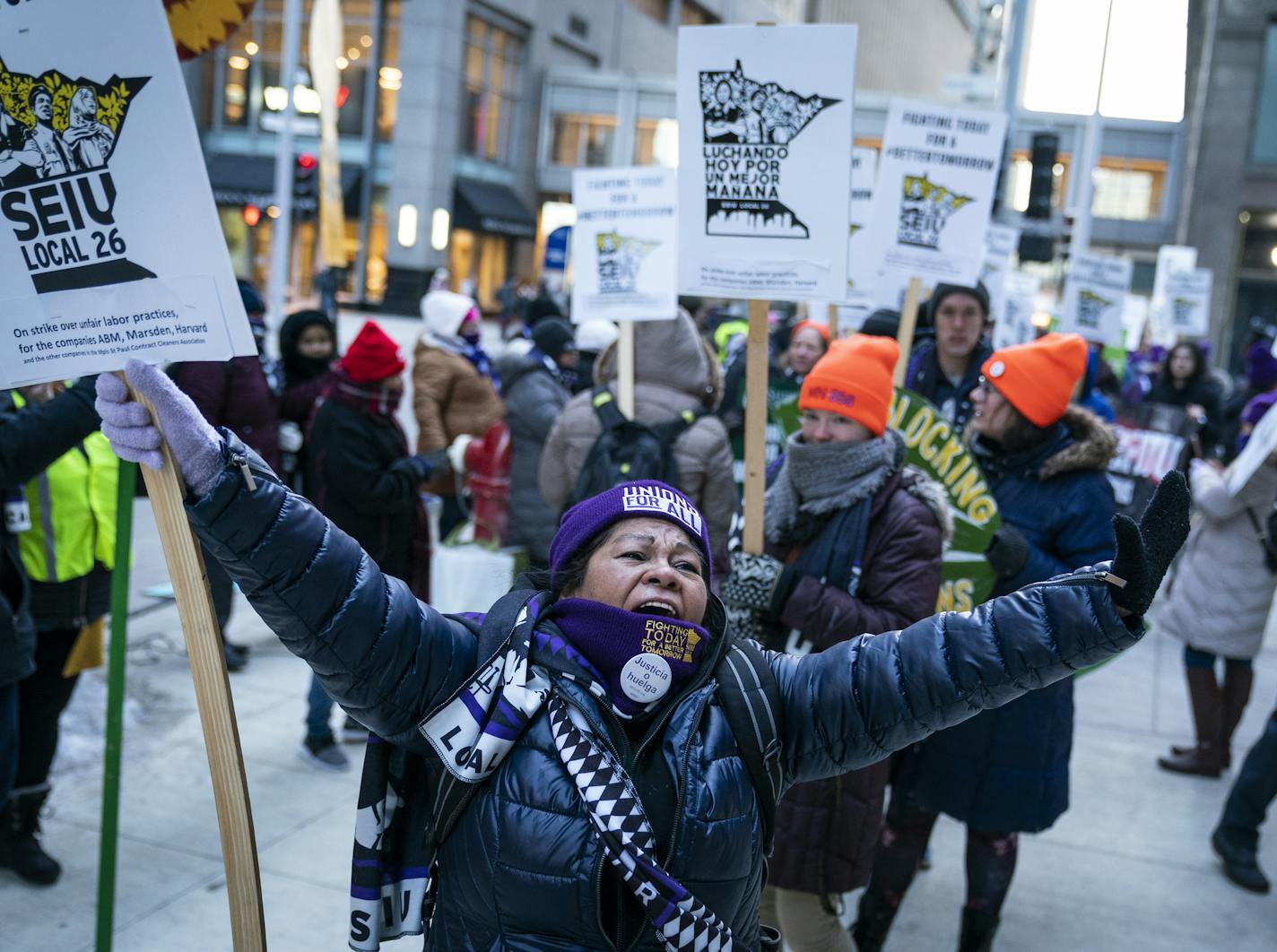 Maria Jimenez, who has been working as a commercial janitor for 19 years, chanted and walked the picket line with other SEIU Local 26 members and supporters when they walked off the job for one day in February. BACKGROUND INFORMATION: Commercial janitors represented by SEIU Local 26 began a 24-hour strike with a picket line and rally at Nicollet Avenue and 8th Street in downtown Minneapolis on Thursday, February 27, 2020.