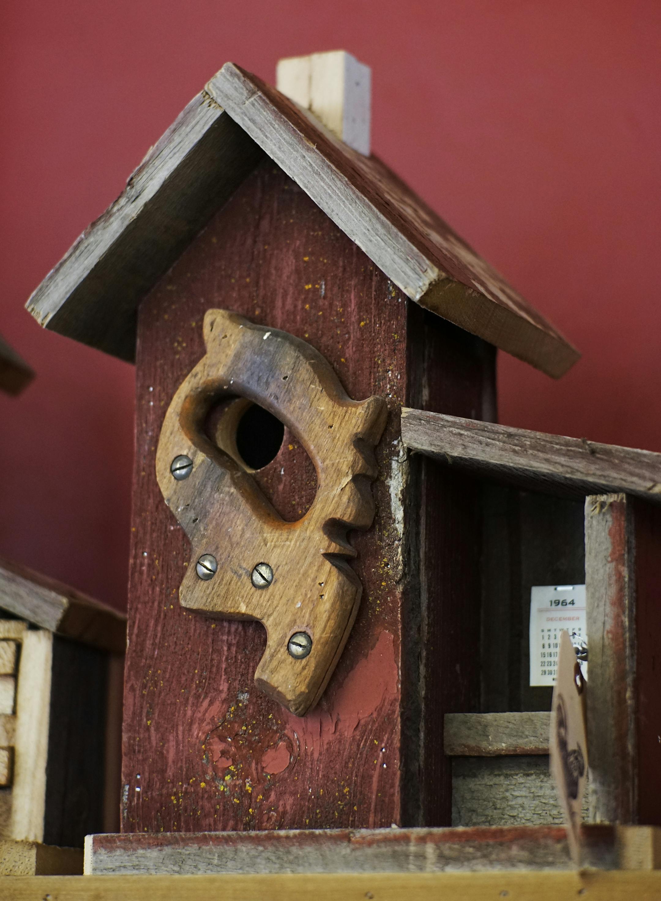 Repurposed wood is used to make this bird feeder at Rebecca Kolls' store.