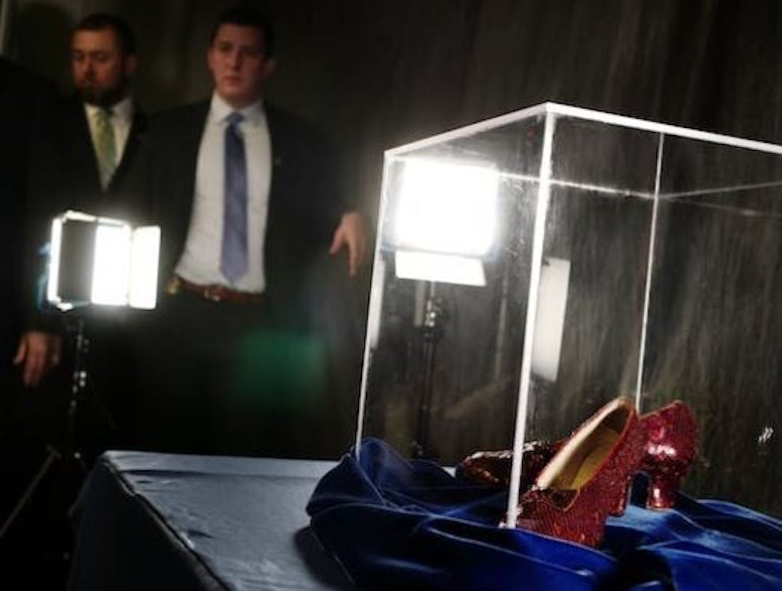 Judy Garland's ruby slippers in a case.