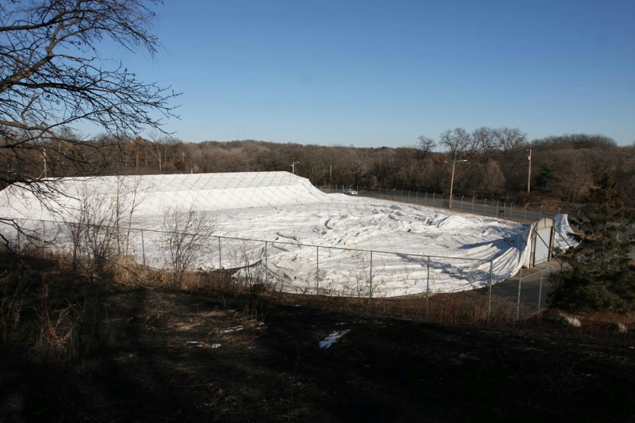 The Braemar Golf Dome in Edina was completely deflated Friday, February 10, 2012 due to a fire. The cause of the fire is currently unknown.