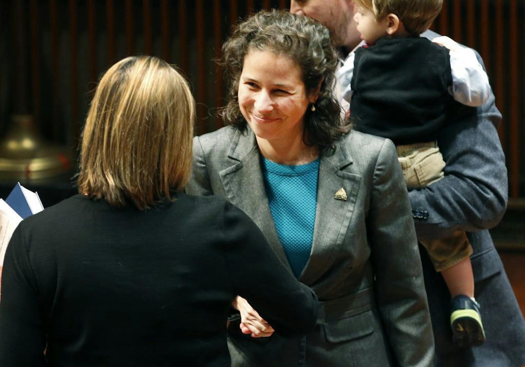 Rebecca Noecker smiled after taking an oath during the St. Paul inauguration ceremony for its City Council members on Tuesday.