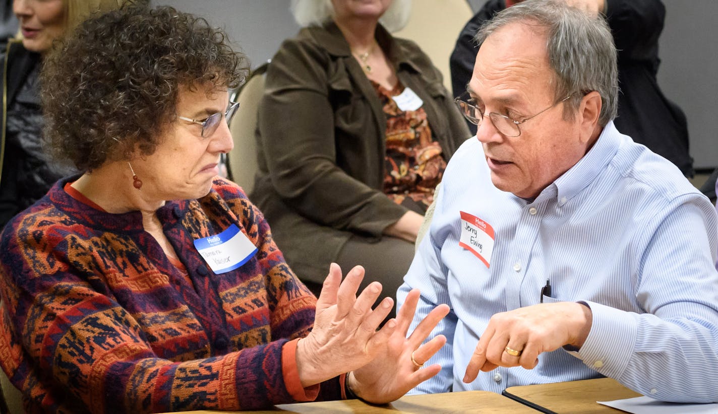 After the Reds and Blues had a chance to refute stereotypes they thought the other side believed about them, they were invited to talk one-on-one about their differences and similarities. Here Blue Tamara Kaiser talked with Red Jerry Ewing. ] GLEN STUBBE &#x2022; glen.stubbe@startribune.com Thursday, October 26, 2017 Better Angels, a national group formed in part by a U of M professor, is trying to lessen the political divide in the U.S. by bringing Republicans and Democrats together for convers