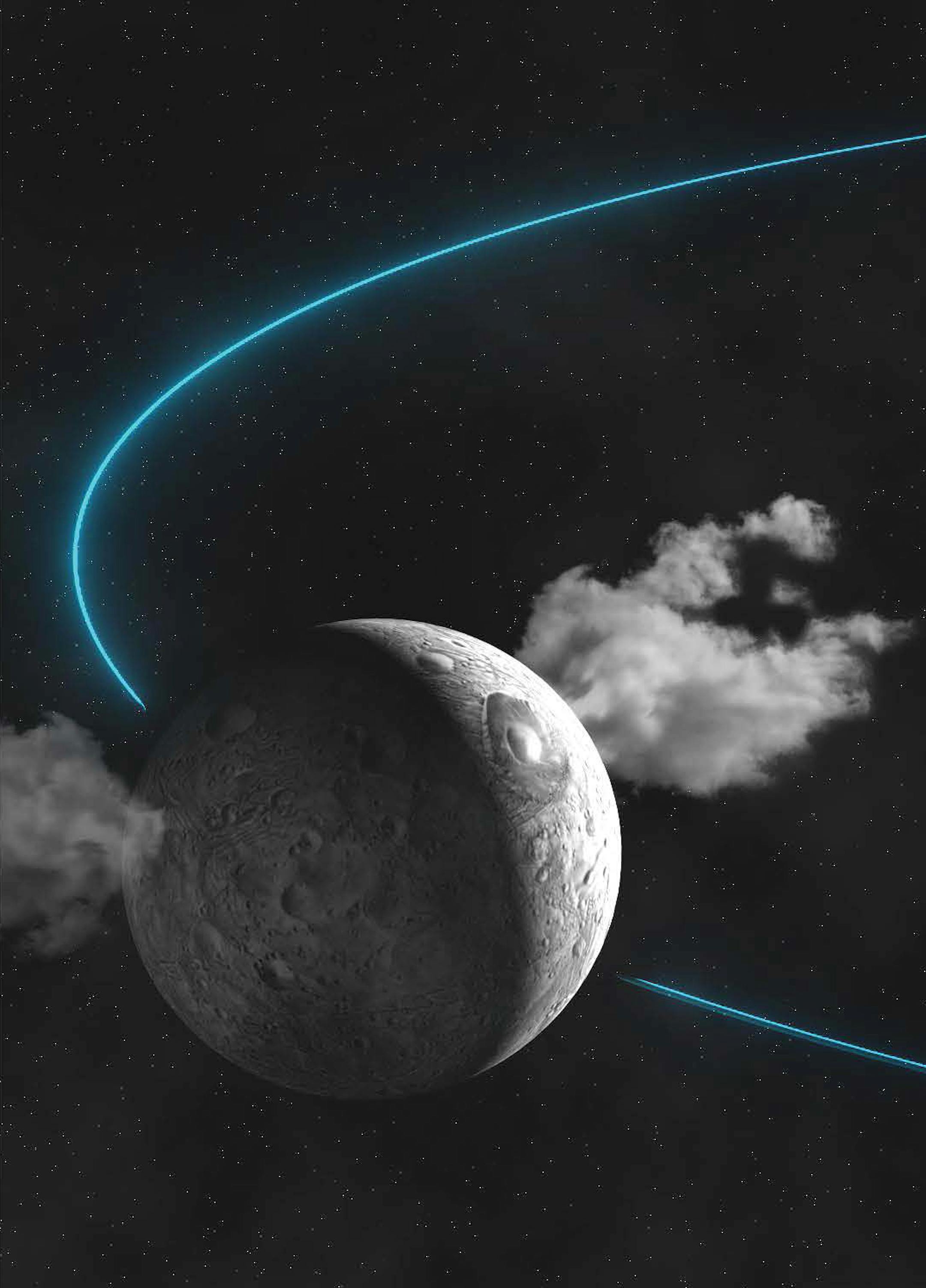This artist rendering released by IMCCE (Institut de Mecanique Celeste et de Calcul des Ephemerides) shows water plumes spewing from the surface of the dwarf planet Ceres.
