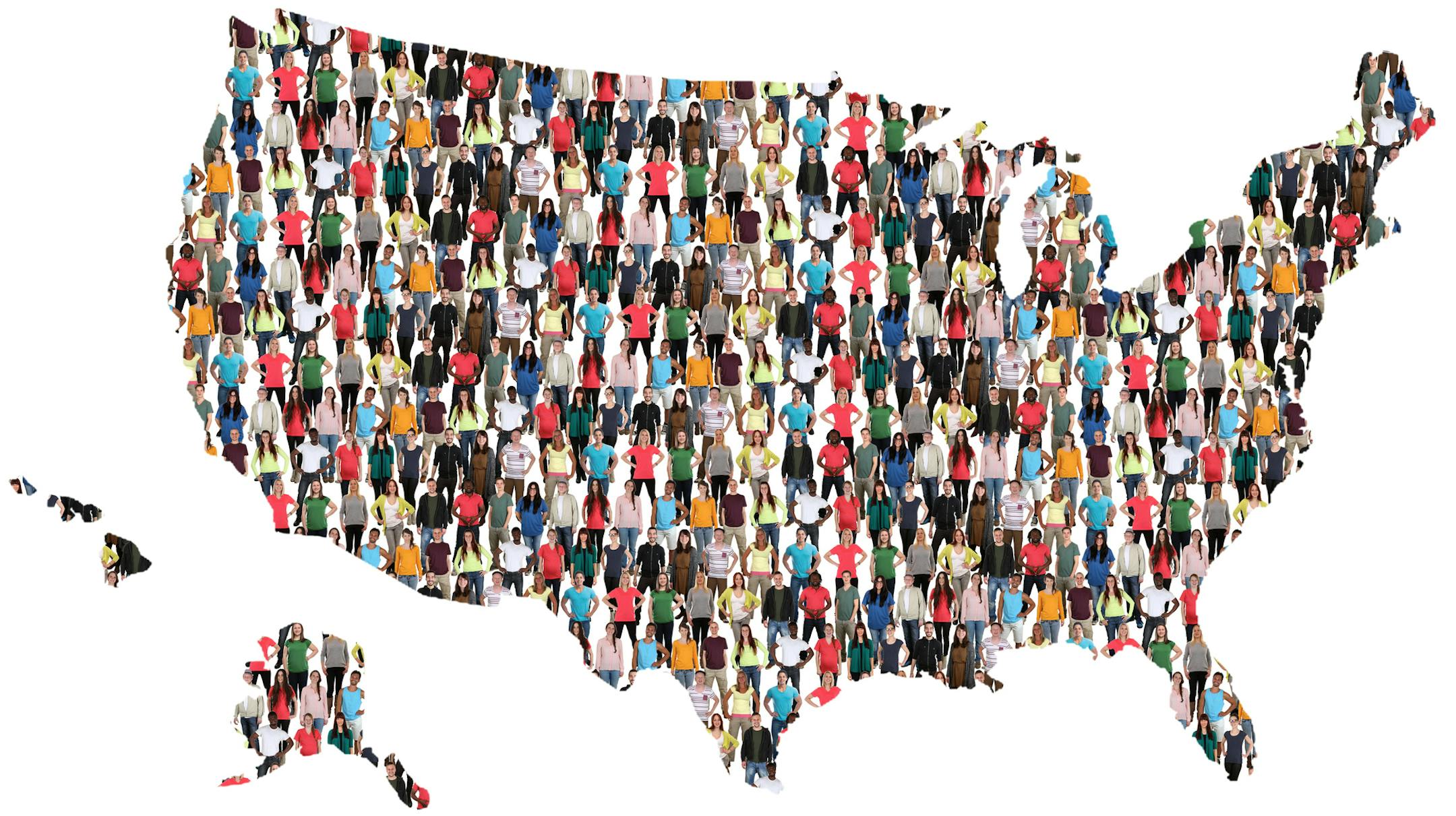 USA United States map multicultural group of people integration immigration diversity isolated