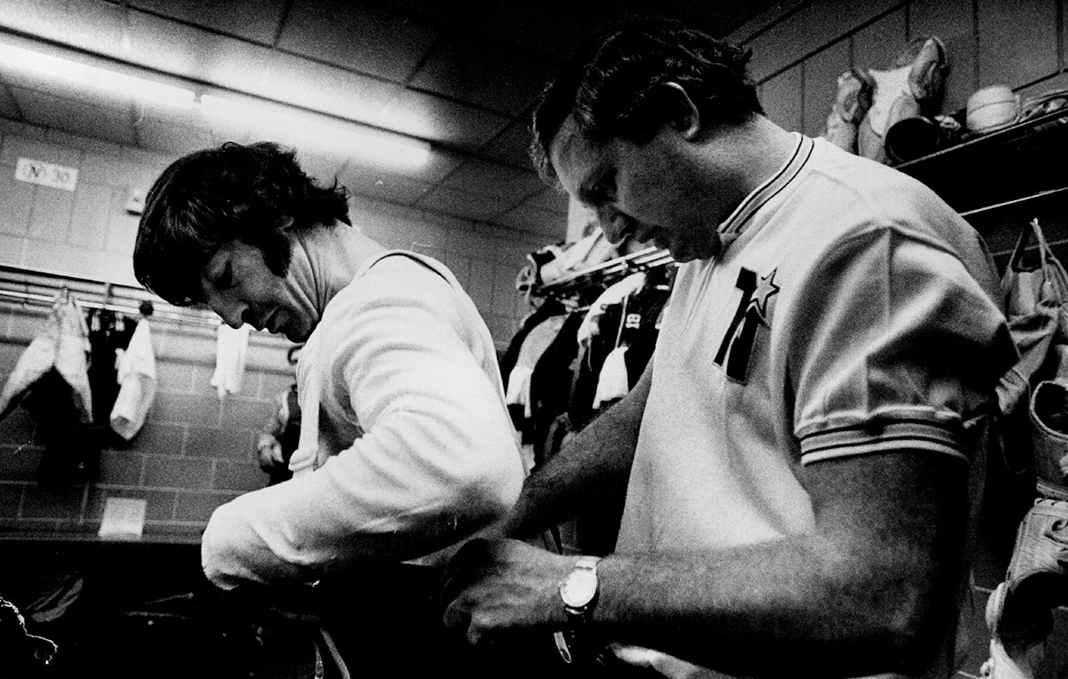J.P. Parise adjusted equipment before a game in 1973.