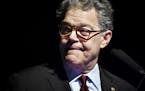 Outgoing U.S. Sen. Al Franken looks over at his wife Franni and thanked her for always being at his side at an event, Thursday, Dec. 28, 2017, in Minn