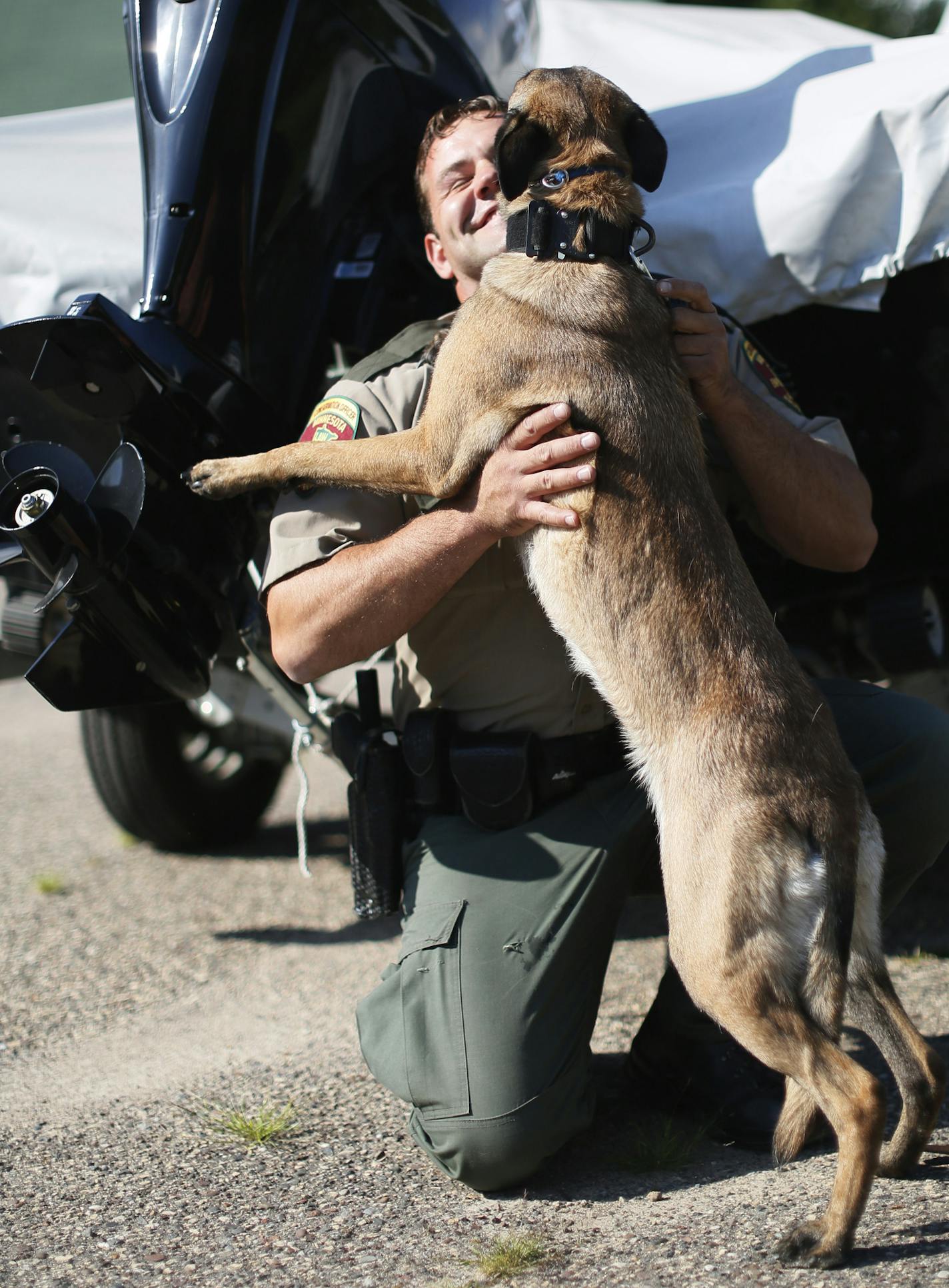 Travis Muyers gets some love from his dog Laina, a Belgian Malinois, after checking and finding invasive species on a boat. BRIAN PETERSON &#x201a;&#xc4;&#xa2; brianp@startribune.com Forest Lake, MN - 08/02//2013 ORG XMIT: MIN1308020918585839