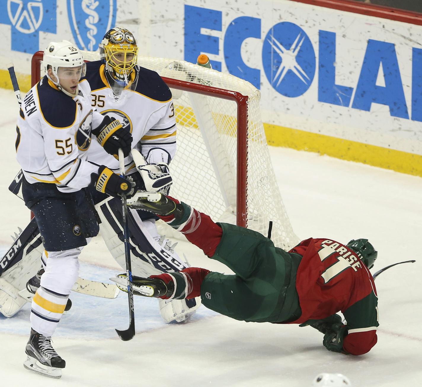 Buffalo Sabres defenseman Rasmus Ristolainen took out Wild left wing Zach Parise in front of goalie Linus Ullmark late in the third period. ] JEFF WHEELER &#xef; jeff.wheeler@startribune.com The Minnesota Wild lost 3-2 to the Buffalo Sabres in an NHL hockey game Tuesday night, January 12, 2016 at Xcel Energy Center in St. Paul.