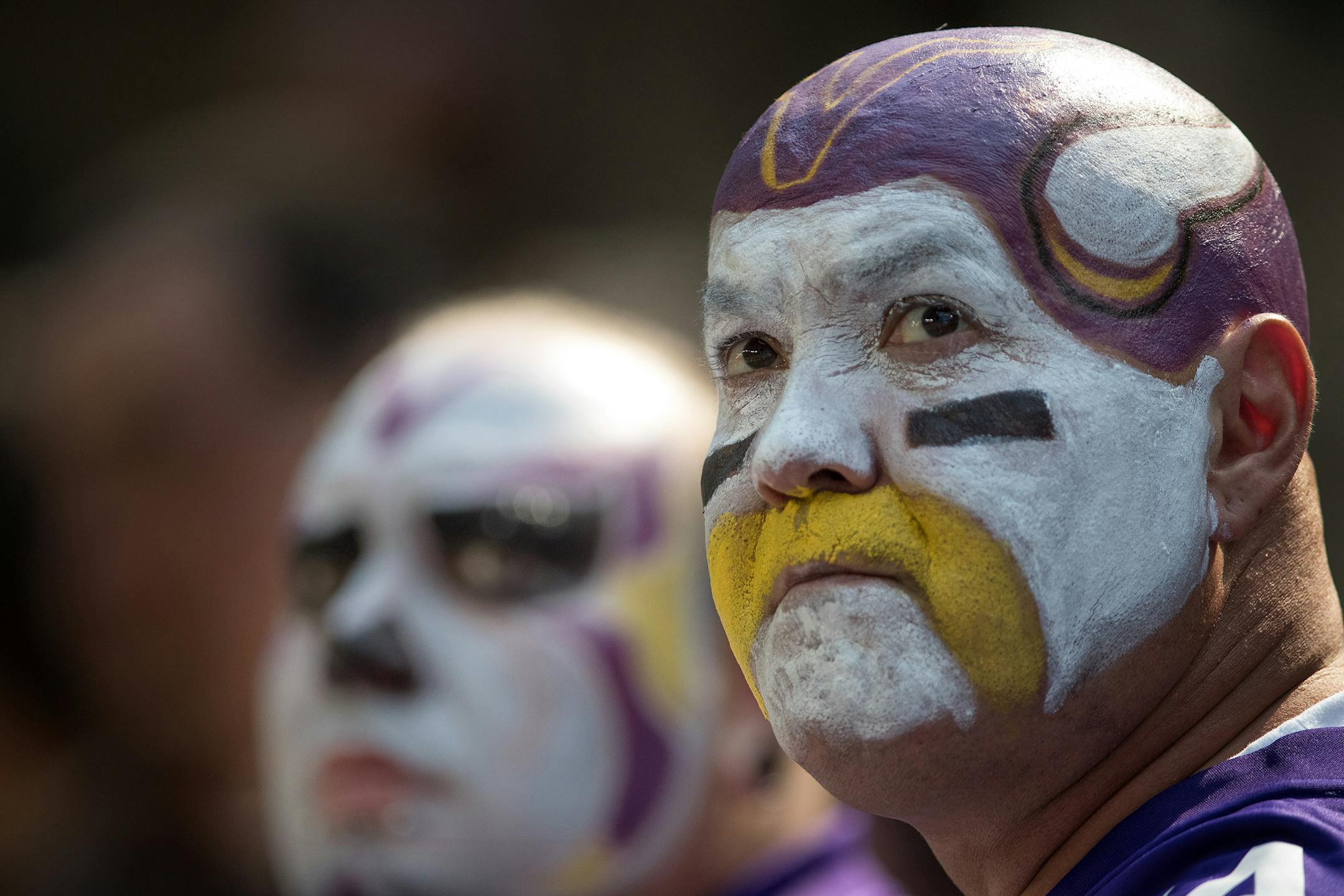 Vikings fans Dan Thomas left and Tony Pike did not like the out come of the Vikings 27-6 loss at US Bank Stadium Sunday September 23, 2018 in Minneapolis, MN. ] JERRY HOLT ï jerry.holt@startribune.com
