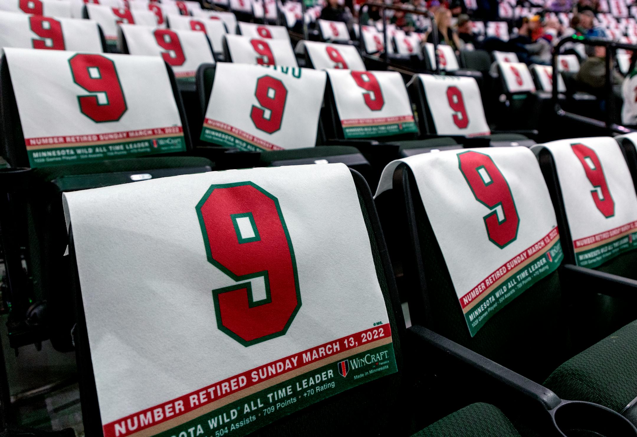 The number (9) of Mikko Koivu on the seats before a ceremony to retire his number Sunday, March 13, at Xcel Energy Center in St. Paul, Minn. ] CARLOS GONZALEZ • cgonzalez@startribune.com