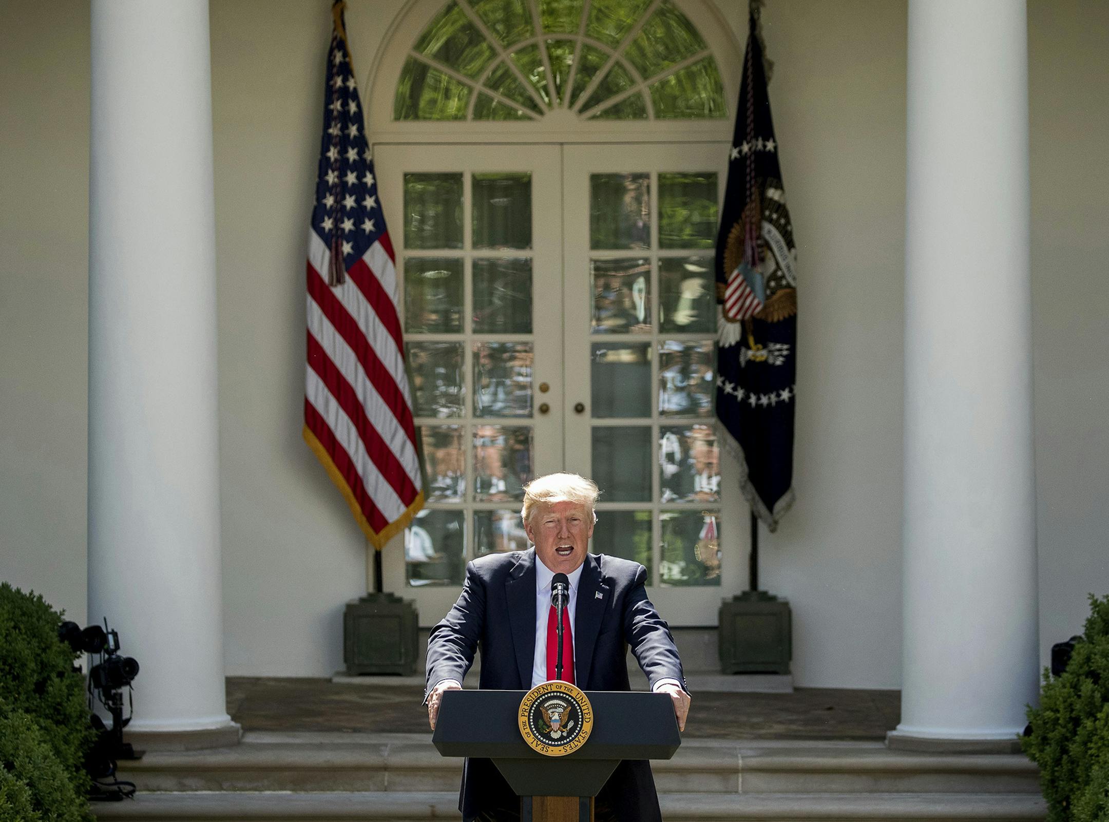President Donald Trump speaks about the U.S. role in the Paris climate change accord, Thursday, June 1, 2017, in the Rose Garden of the White House in Washington. (AP Photo/Andrew Harnik) ORG XMIT: MIN2017060512091630