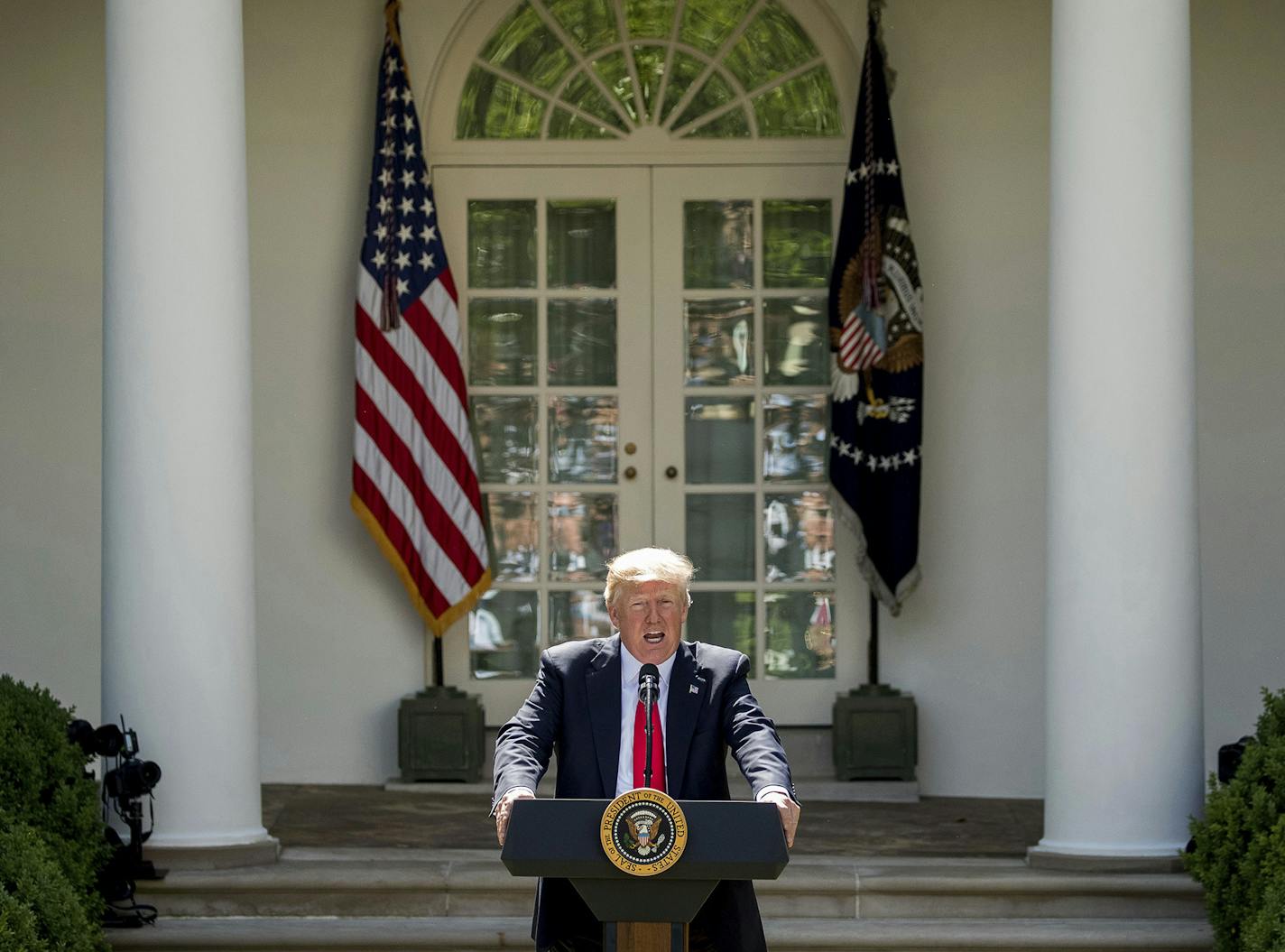 President Donald Trump speaks about the U.S. role in the Paris climate change accord, Thursday, June 1, 2017, in the Rose Garden of the White House in Washington. (AP Photo/Andrew Harnik) ORG XMIT: MIN2017060512091630