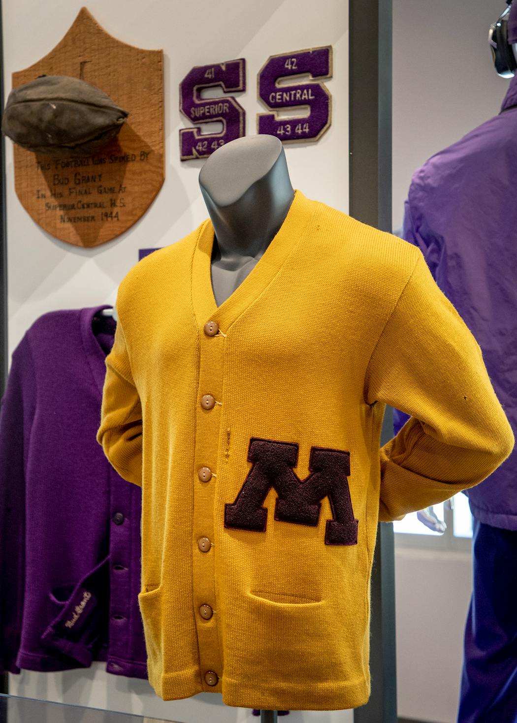The University of Minnesota letterman sweater of Bud Grant at the Minnesota Vikings Museum.
