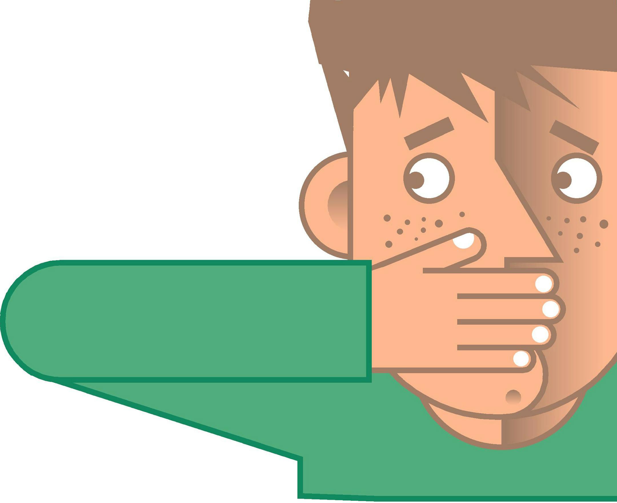 300 dpi Jeff Dionise illustration of boy with his hand over his mouth. MCT 1995<p> krtnational national; krtworld world; krt; krtcampus campus; mctillustration; 05000000; 05005001; 05005002; 05005003; EDU; elementary school; high school; junior high school; krteducation education; krtschool school; middle school; krtdiversity diversity; youth; boy; krt mct dionise; 1995; krt1995