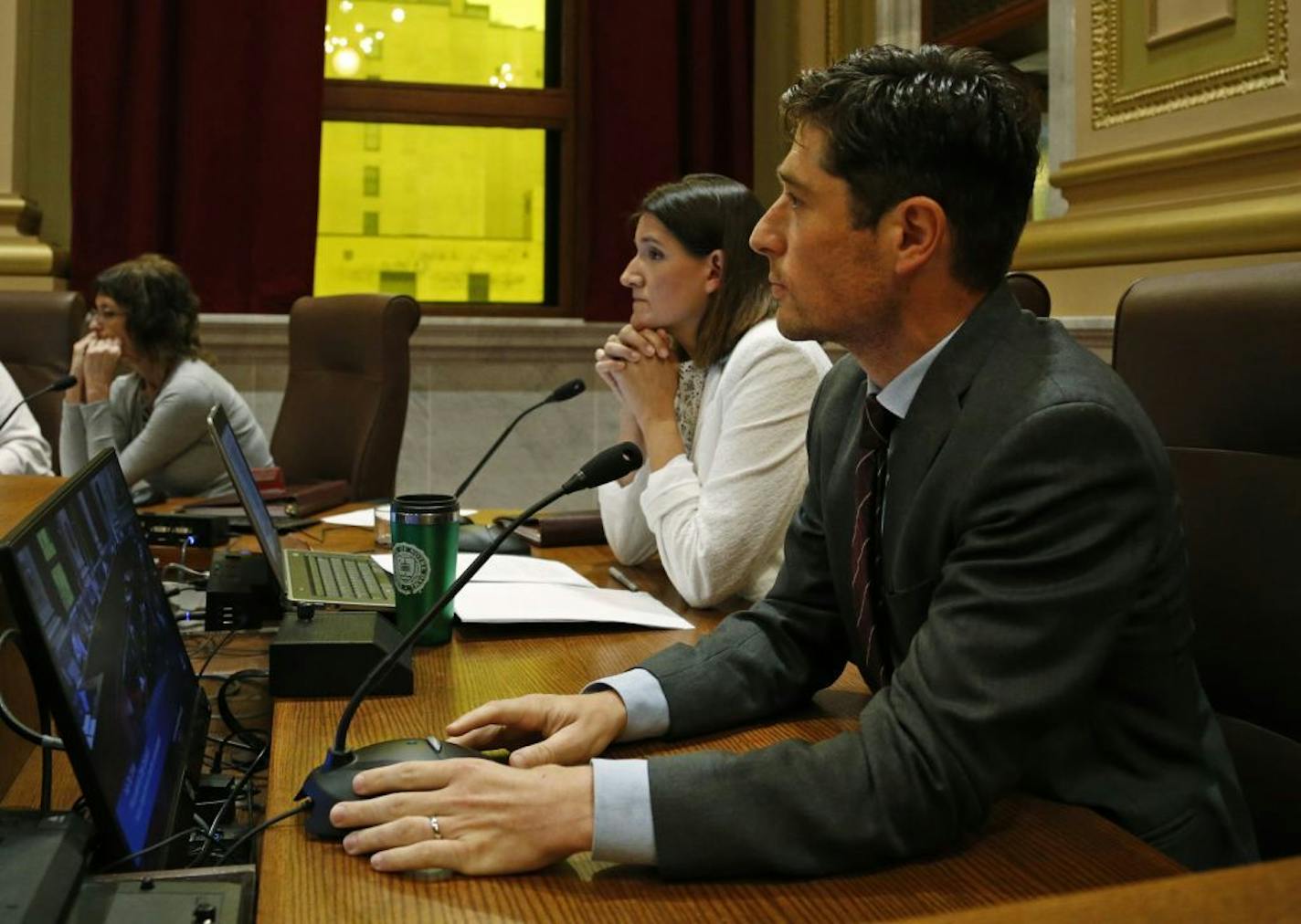 Minneapolis Mayor Jacob Frey shared his opinion on the charter amendment with City Council. Behind Frey is Council Member Linea Palmisano.